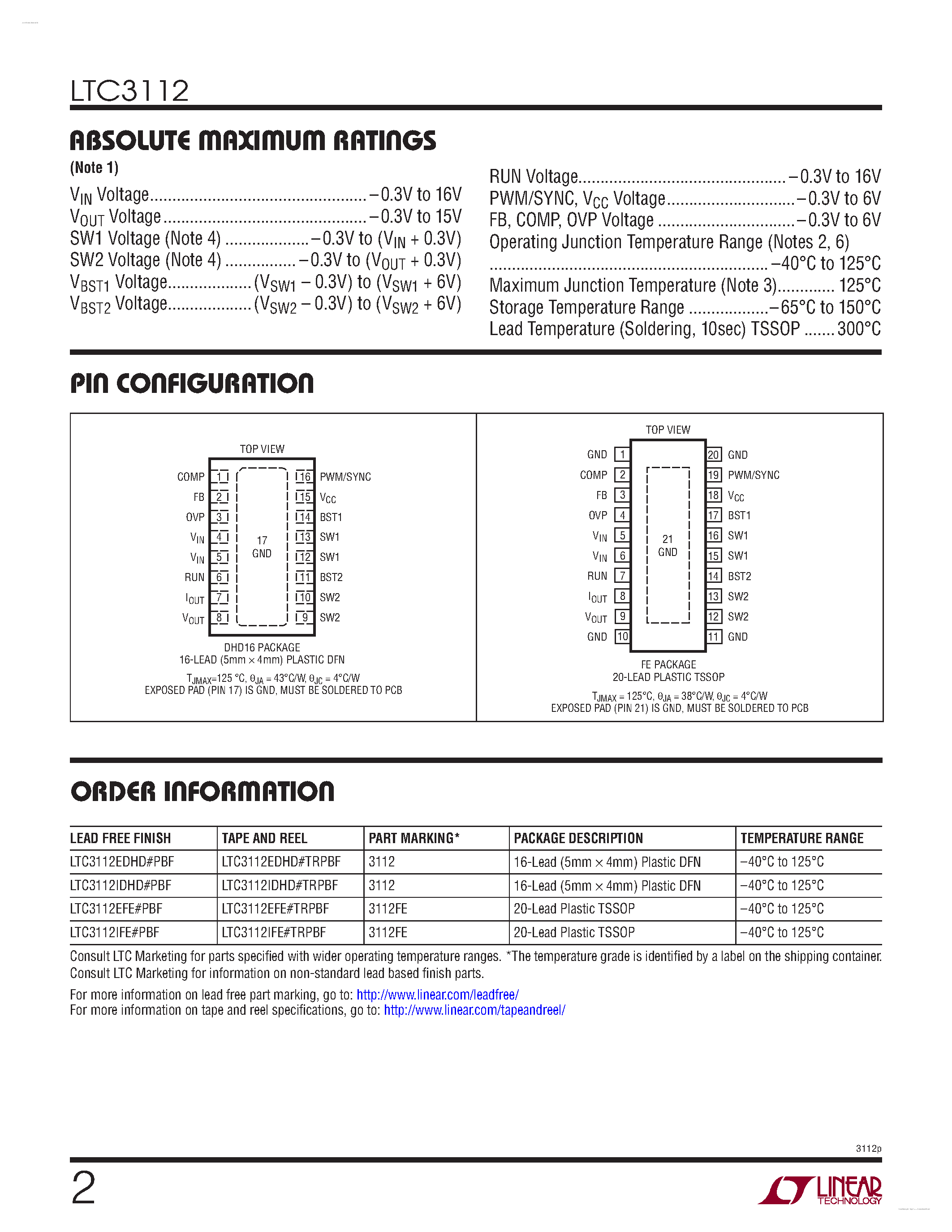 Даташит на микросхему LTC3112 страница 2 Даташит LTC3112 - 2.5A Synchronous Buck-Boost DC/DC Converter страница 2