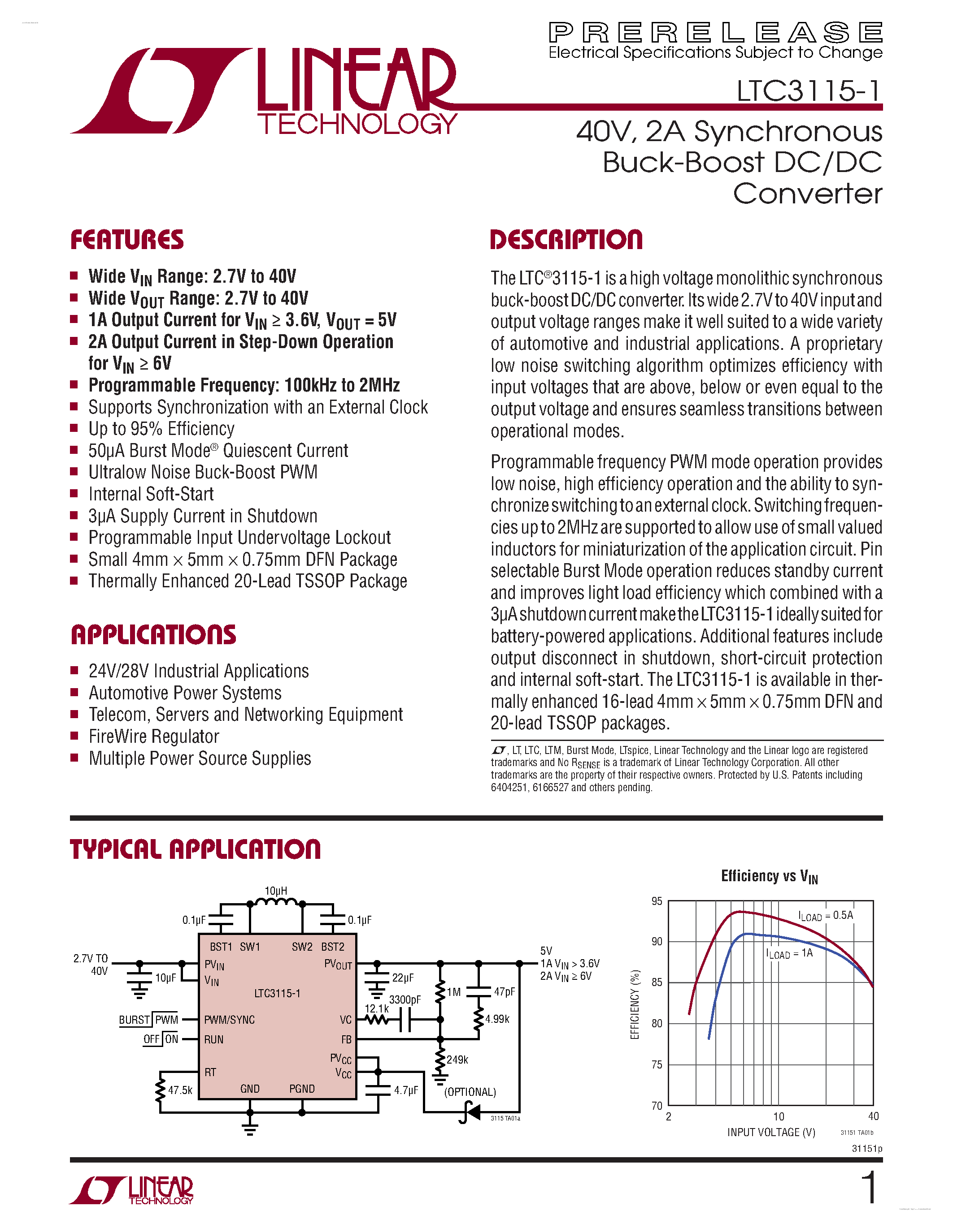 Даташит LTC3115-1 - 2A Synchronous Buck-Boost DC/DC Converter страница 1