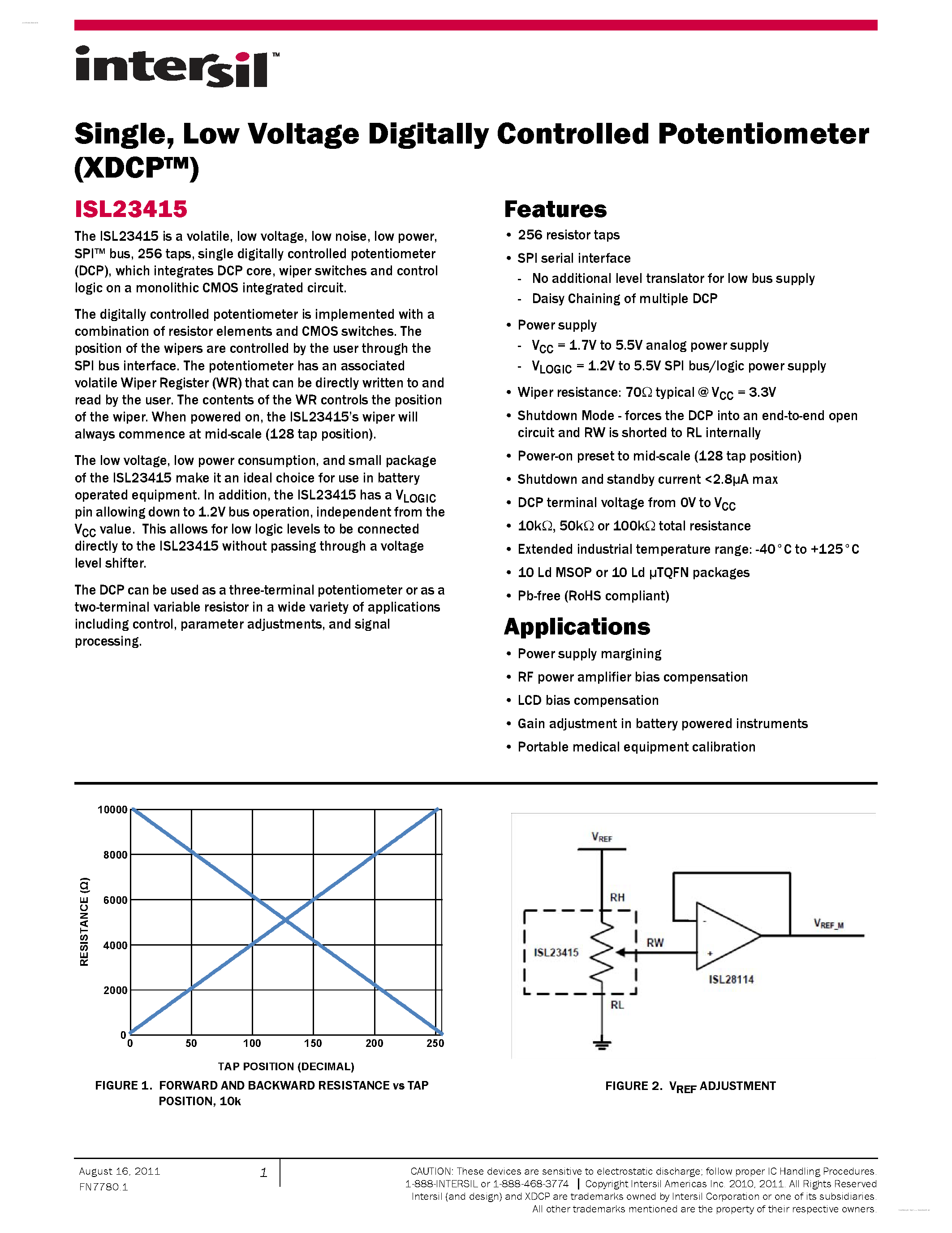 Datasheet ISL23415 - Low Voltage Digitally Controlled Potentiometer page 1