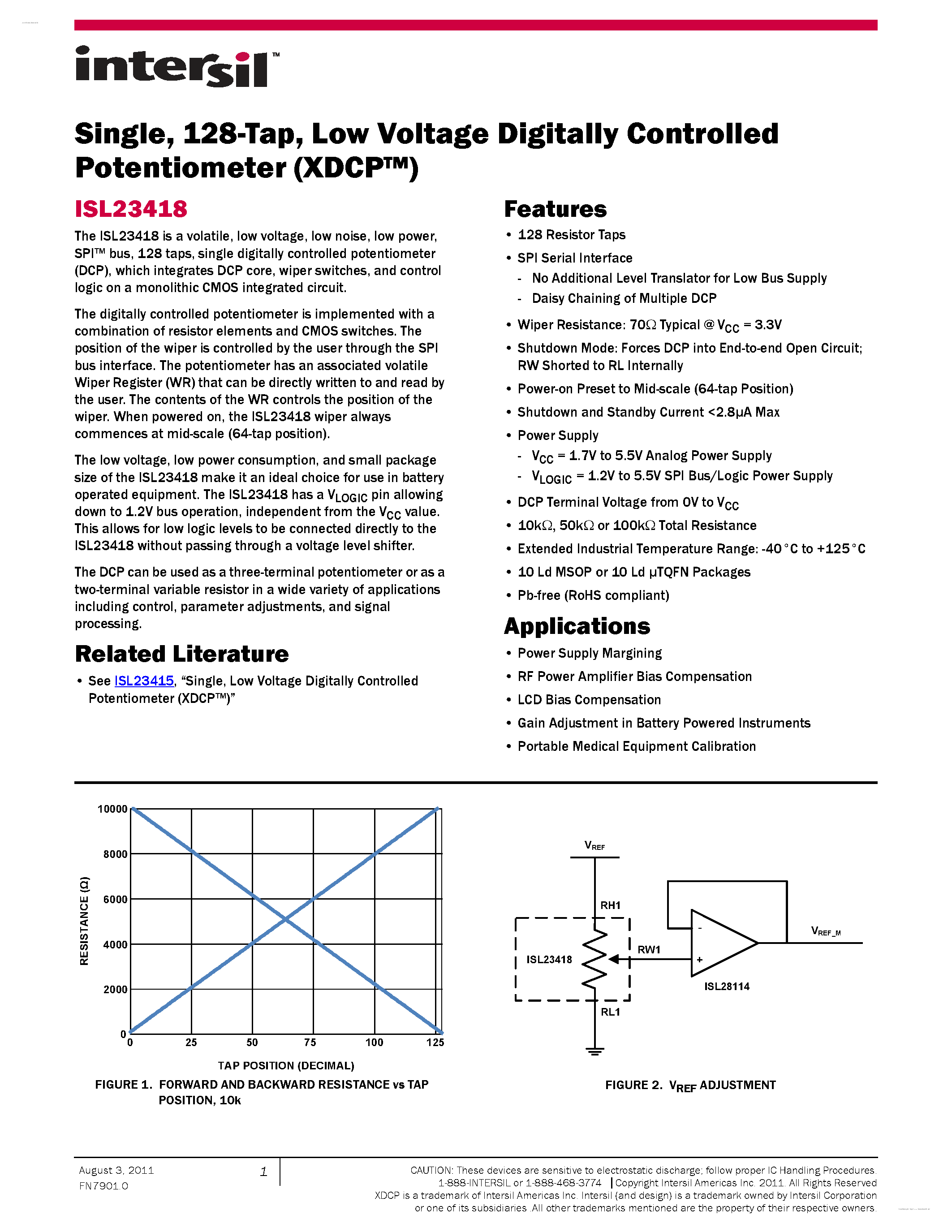 Datasheet ISL23418 - Low Voltage Digitally Controlled Potentiometer page 1