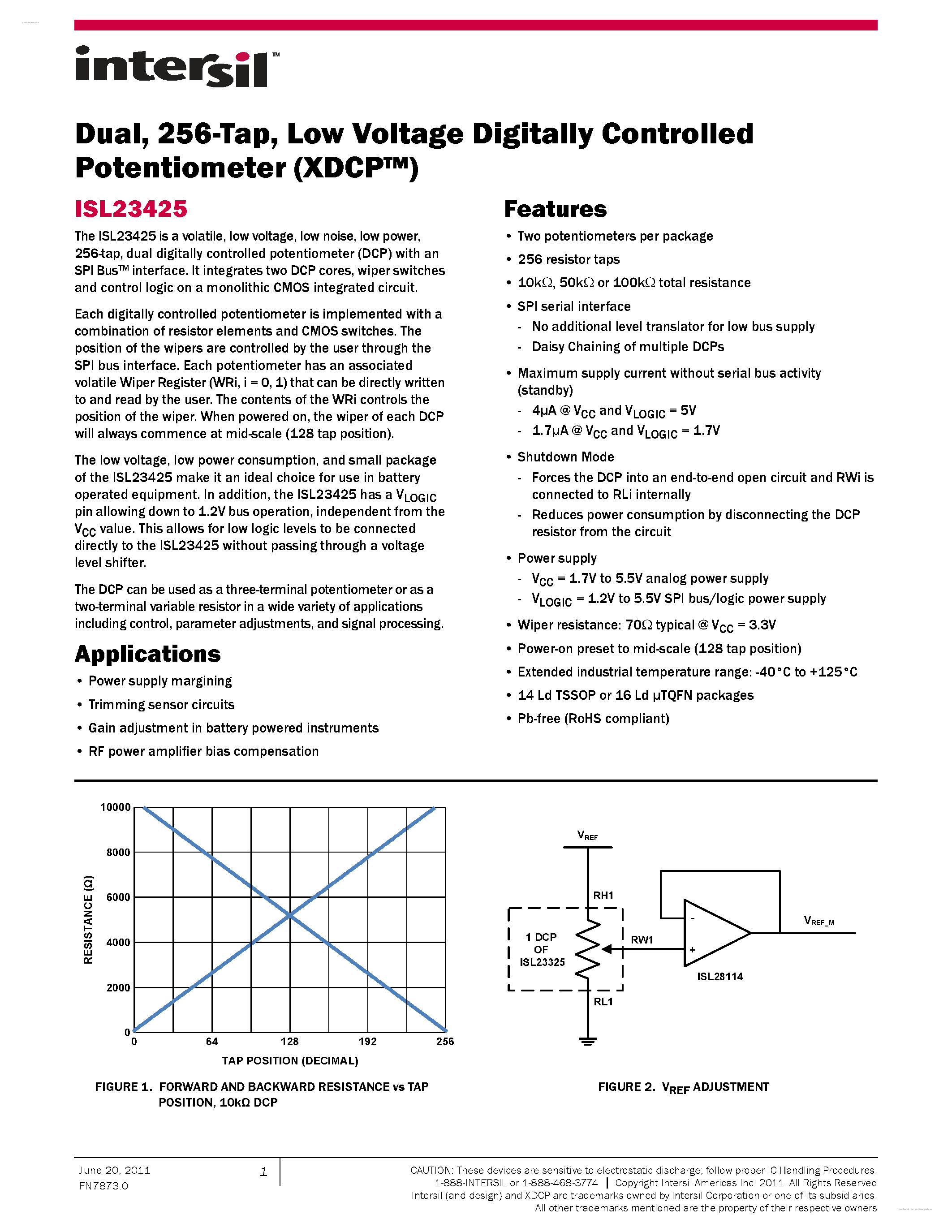 Datasheet ISL23425 - Low Voltage Digitally Controlled Potentiometer page 1
