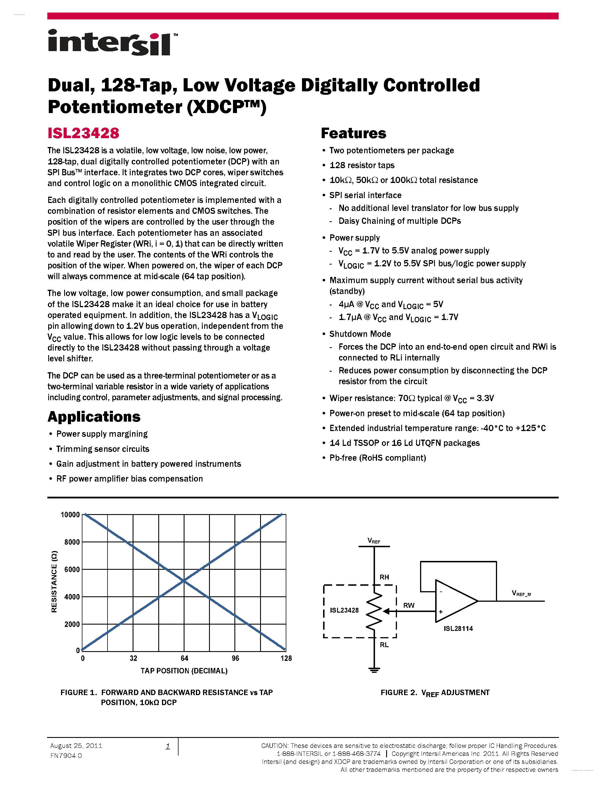 Datasheet ISL23428 - Low Voltage Digitally Controlled Potentiometer page 1