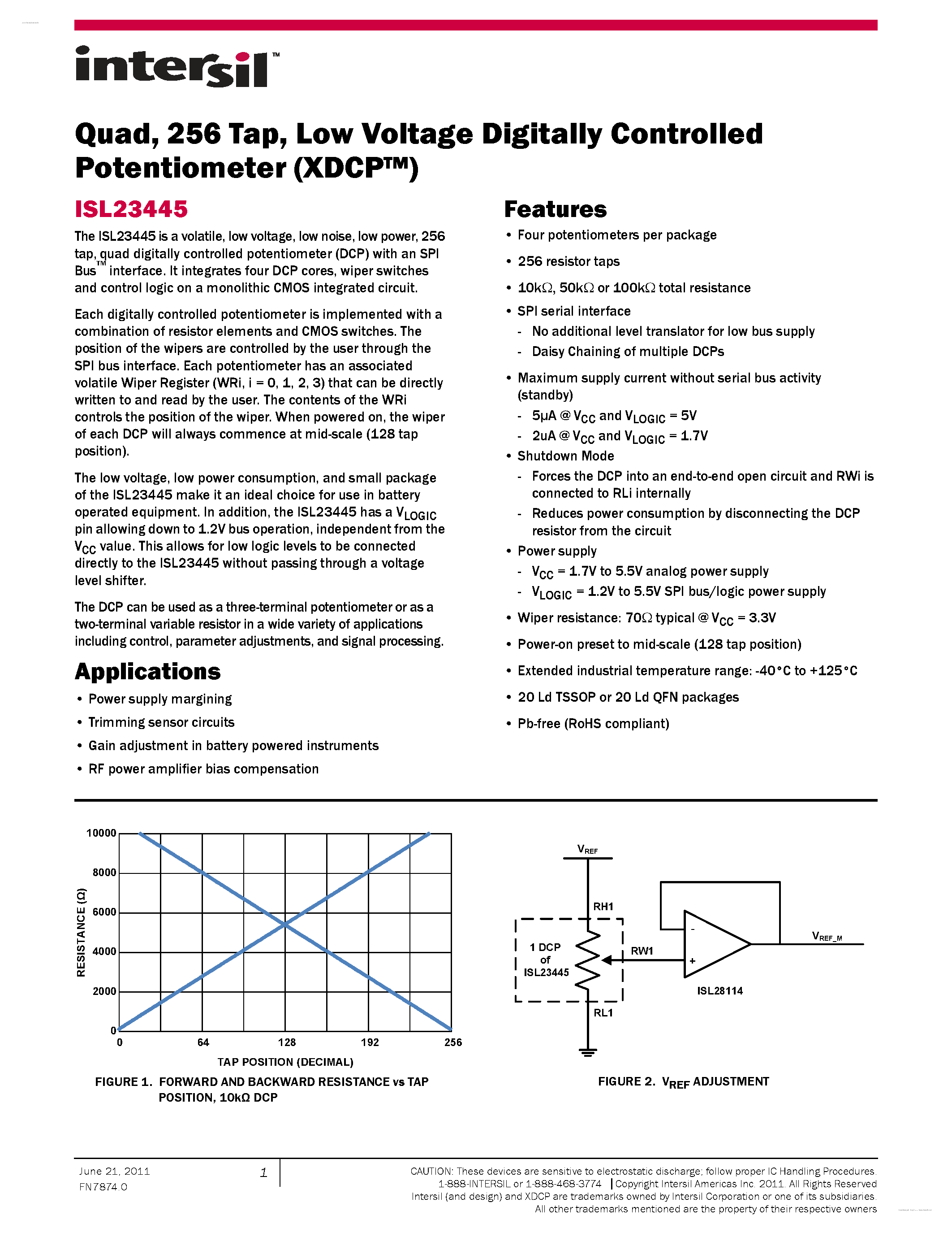 Datasheet ISL23445 - Low Voltage Digitally Controlled Potentiometer page 1
