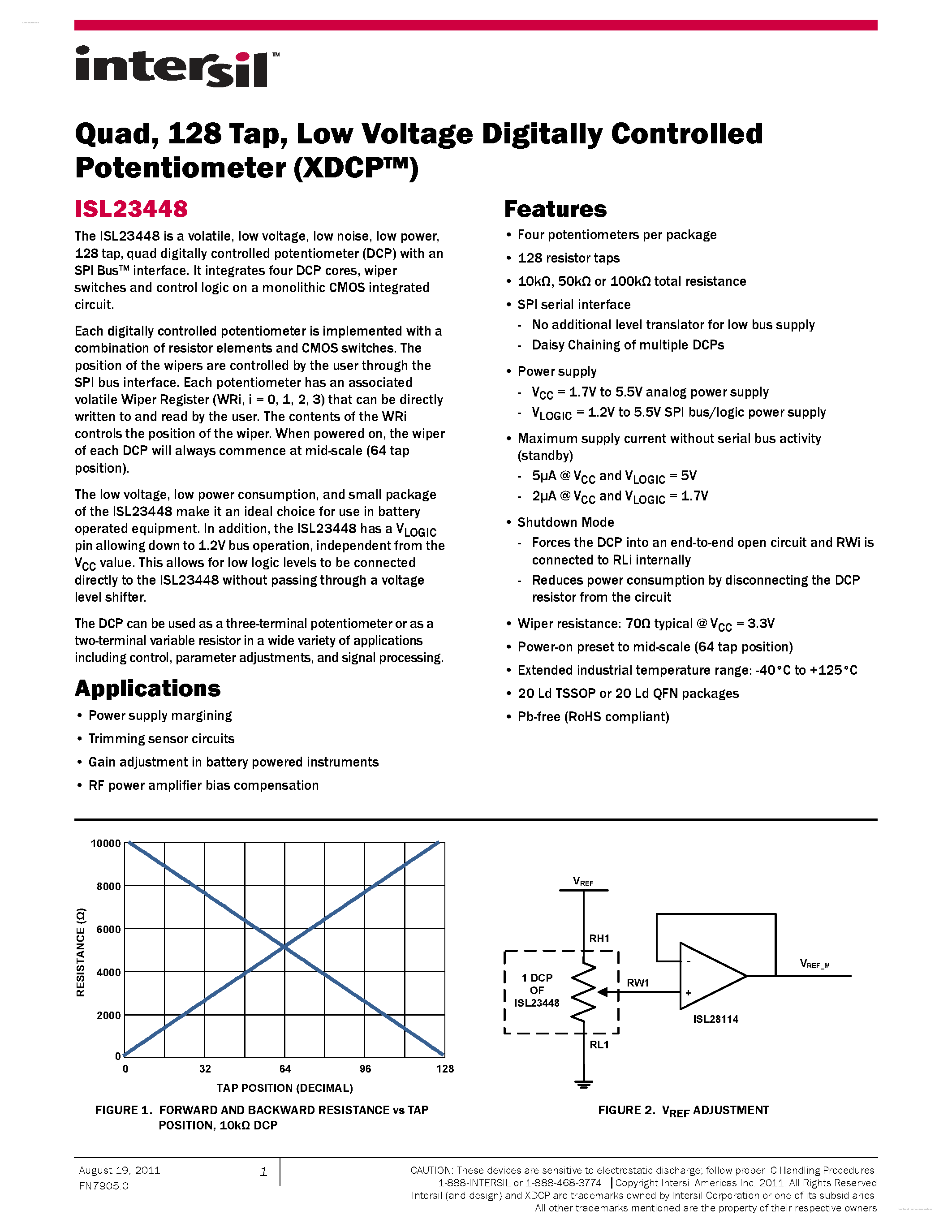 Datasheet ISL23448 - Low Voltage Digitally Controlled Potentiometer page 1