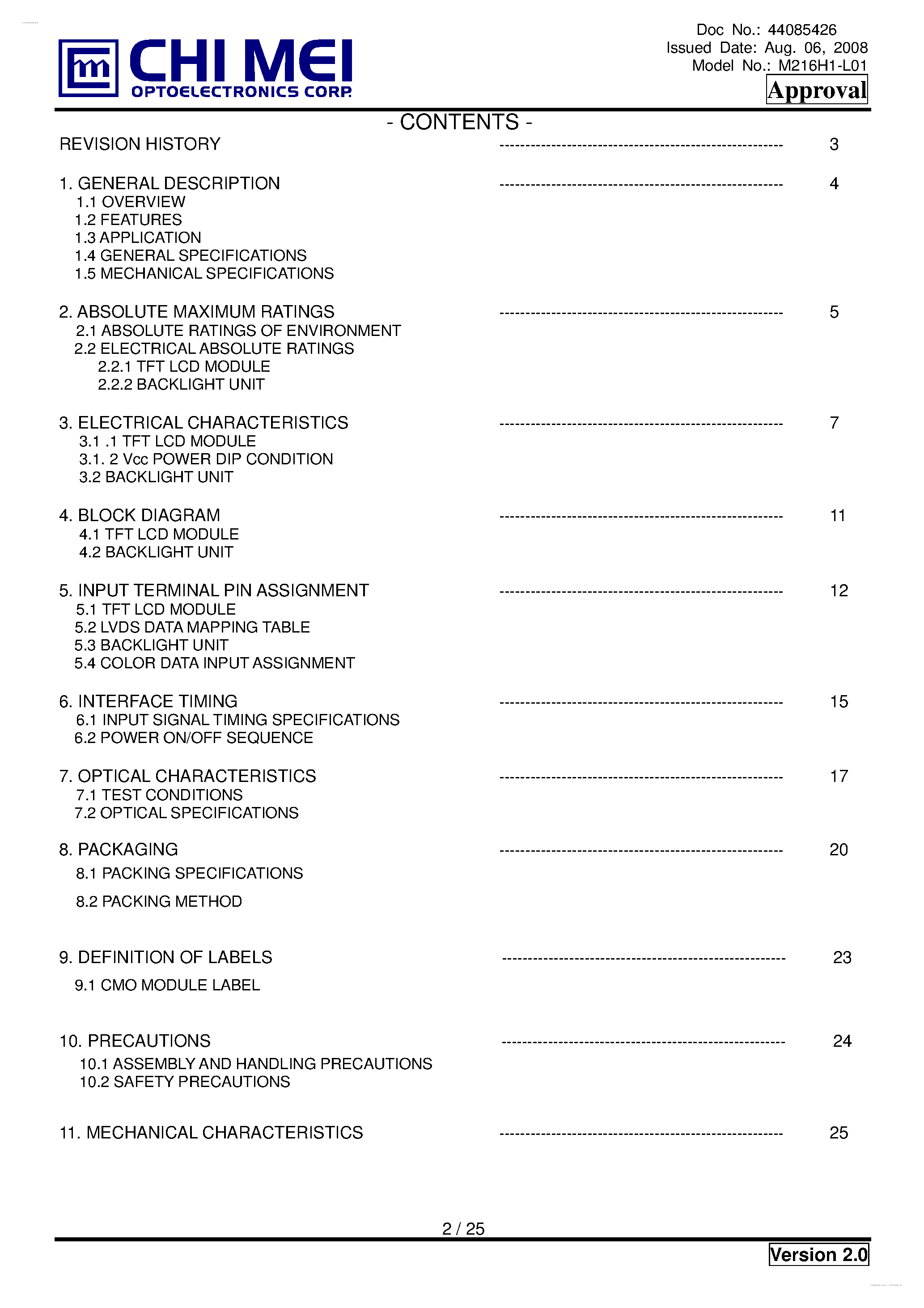 Даташит на микросхему M216H1-L01 страница 2 Даташит M216H1-L01 - TFT LCD Module страница 2