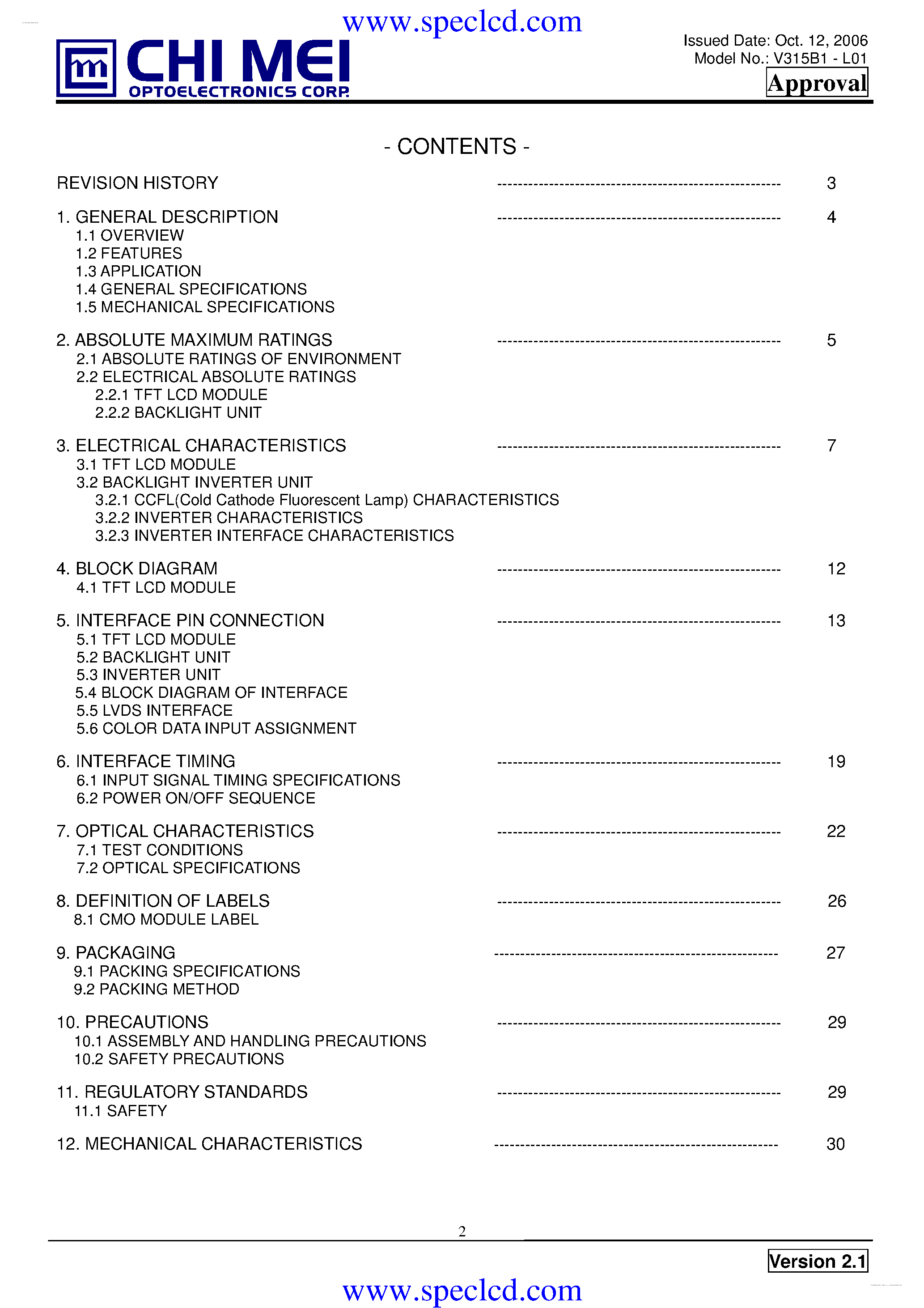 Даташит V315B1-L01 - TFT LCD Module страница 2