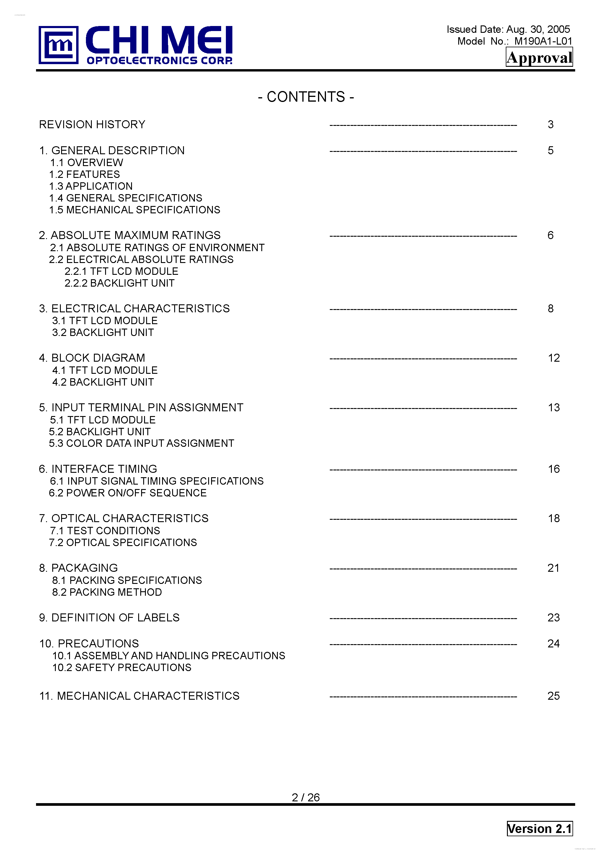 Даташит на микросхему M190A1-L01 страница 2 Даташит M190A1-L01 - TFT LCD Module страница 2