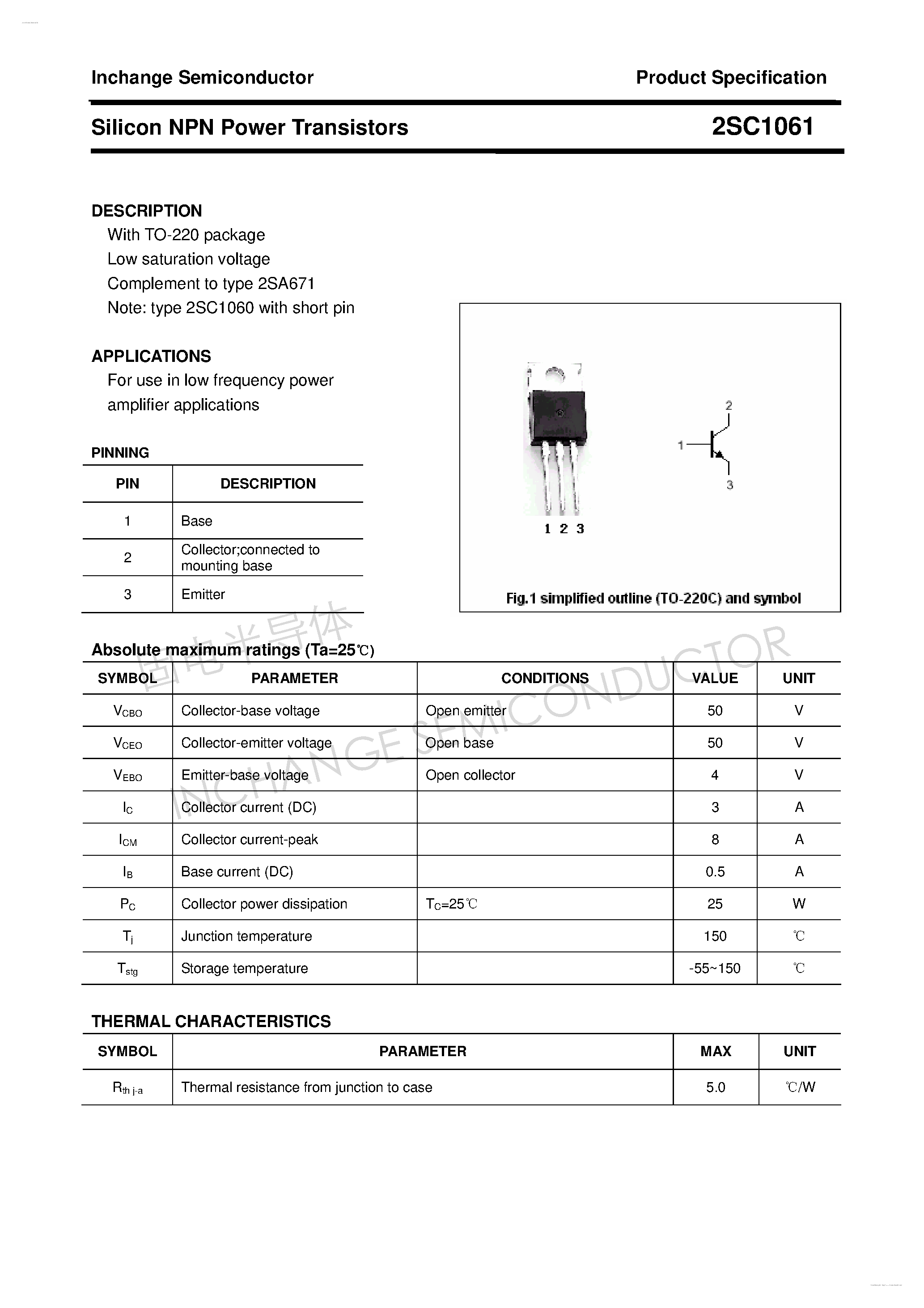 Даташит на микросхему 2SC1061 страница 1 Даташит 2SC1061 - Silicon NPN Power Transistors страница 1
