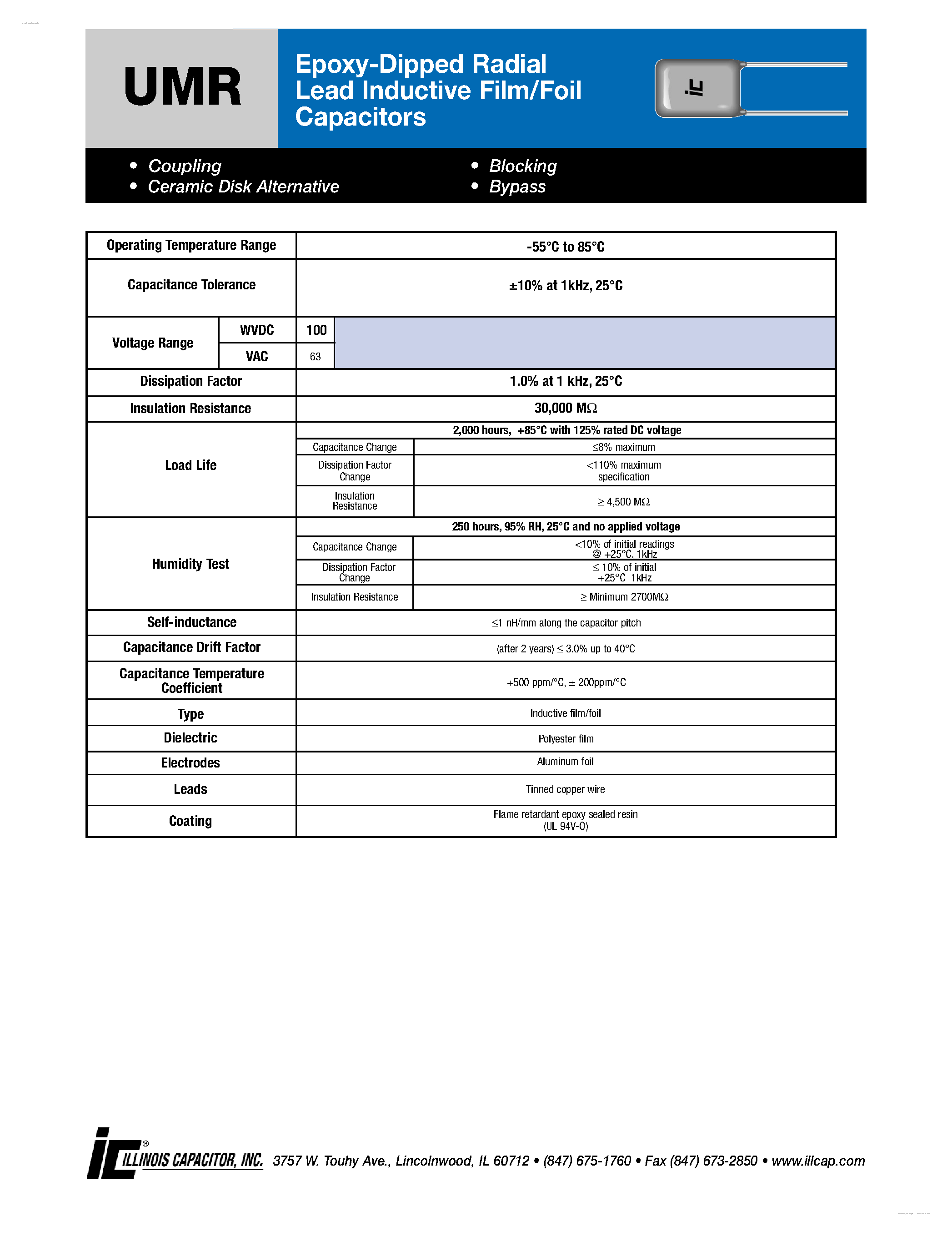 Datasheet 153UMR100K page 1 Datasheet 153UMR100K - Epoxy-Dipped Radial Lead Inductive Film/Foil Capacitors page 1