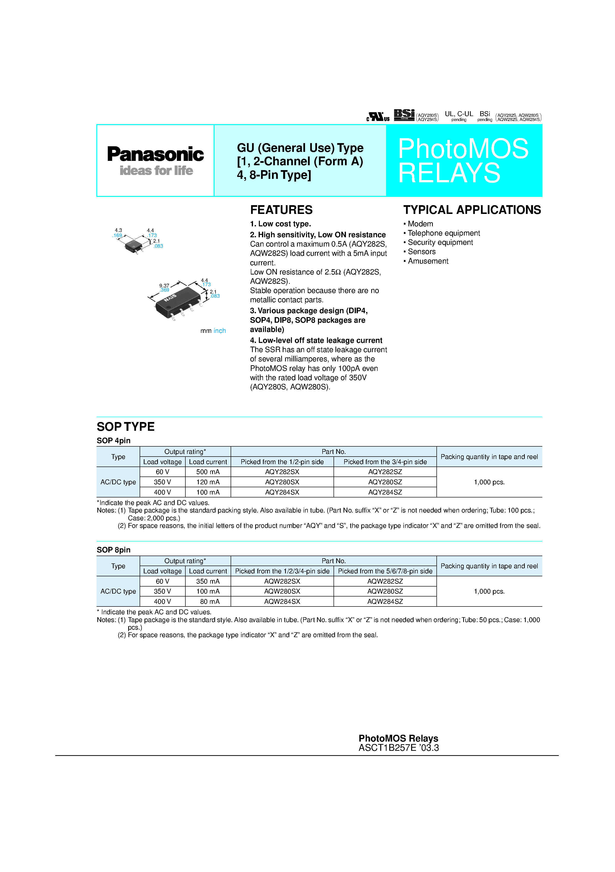 Datasheet AQW282S - PhotoMOS RELAYS page 1