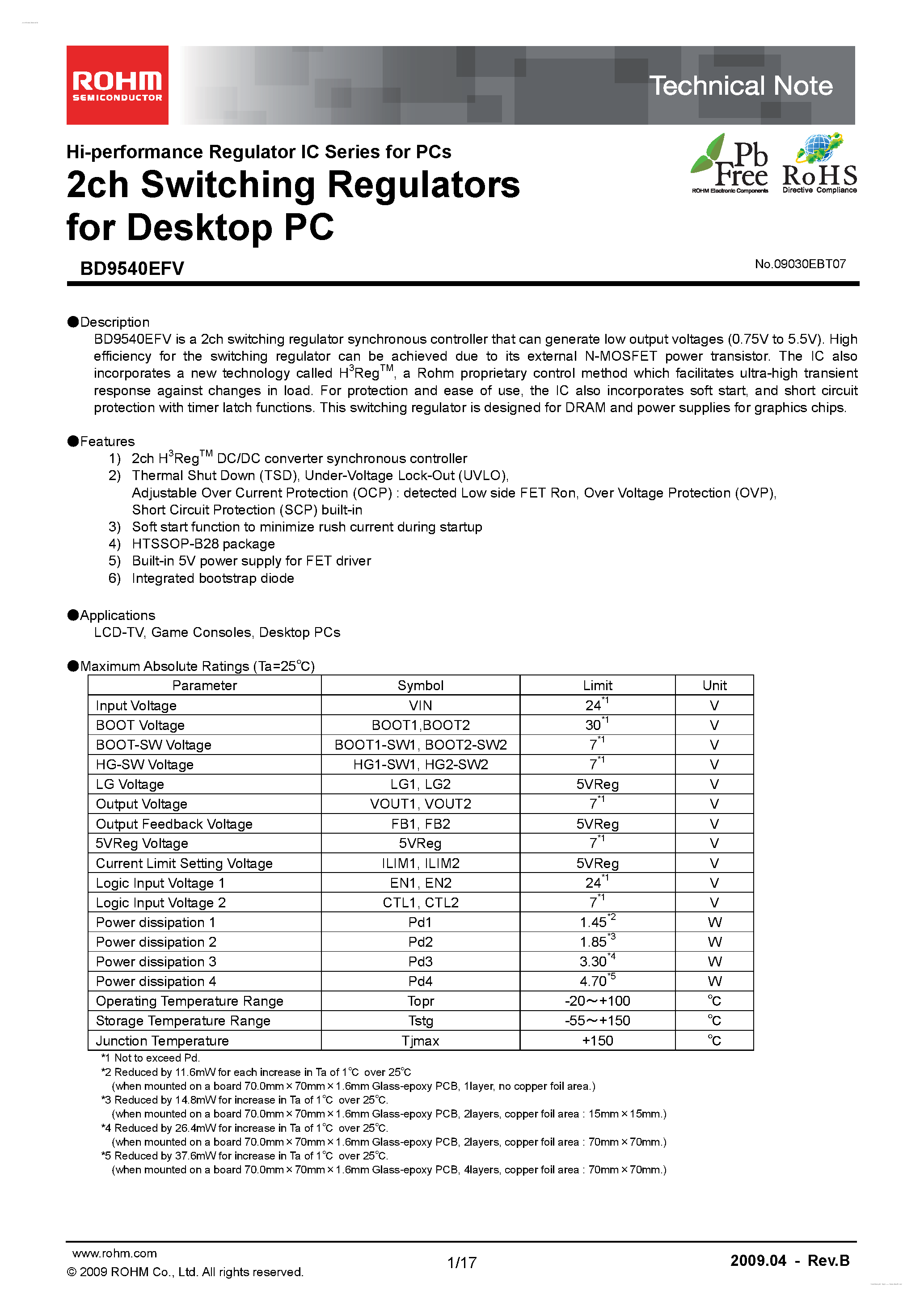 Даташит на микросхему BD9540EFV страница 1 Даташит BD9540EFV - 2ch Switching Regulators страница 1