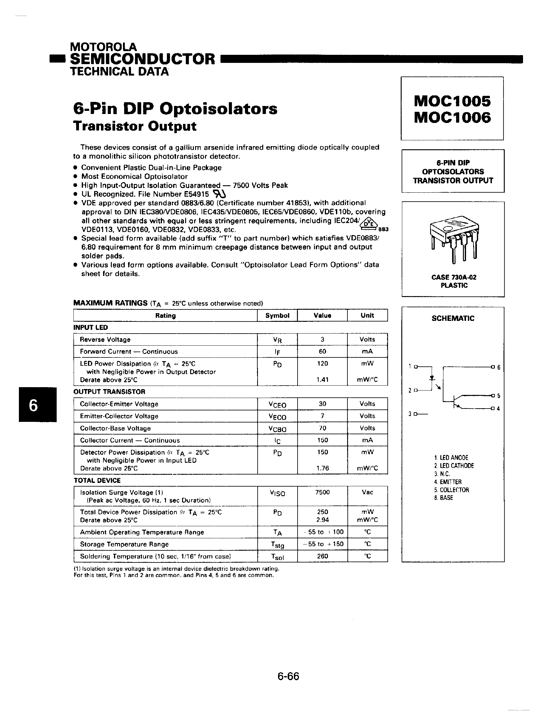 Даташит MOC1005 - (MOC1005 / MOC1006) 6-Pin DIP Optoisolators страница 1