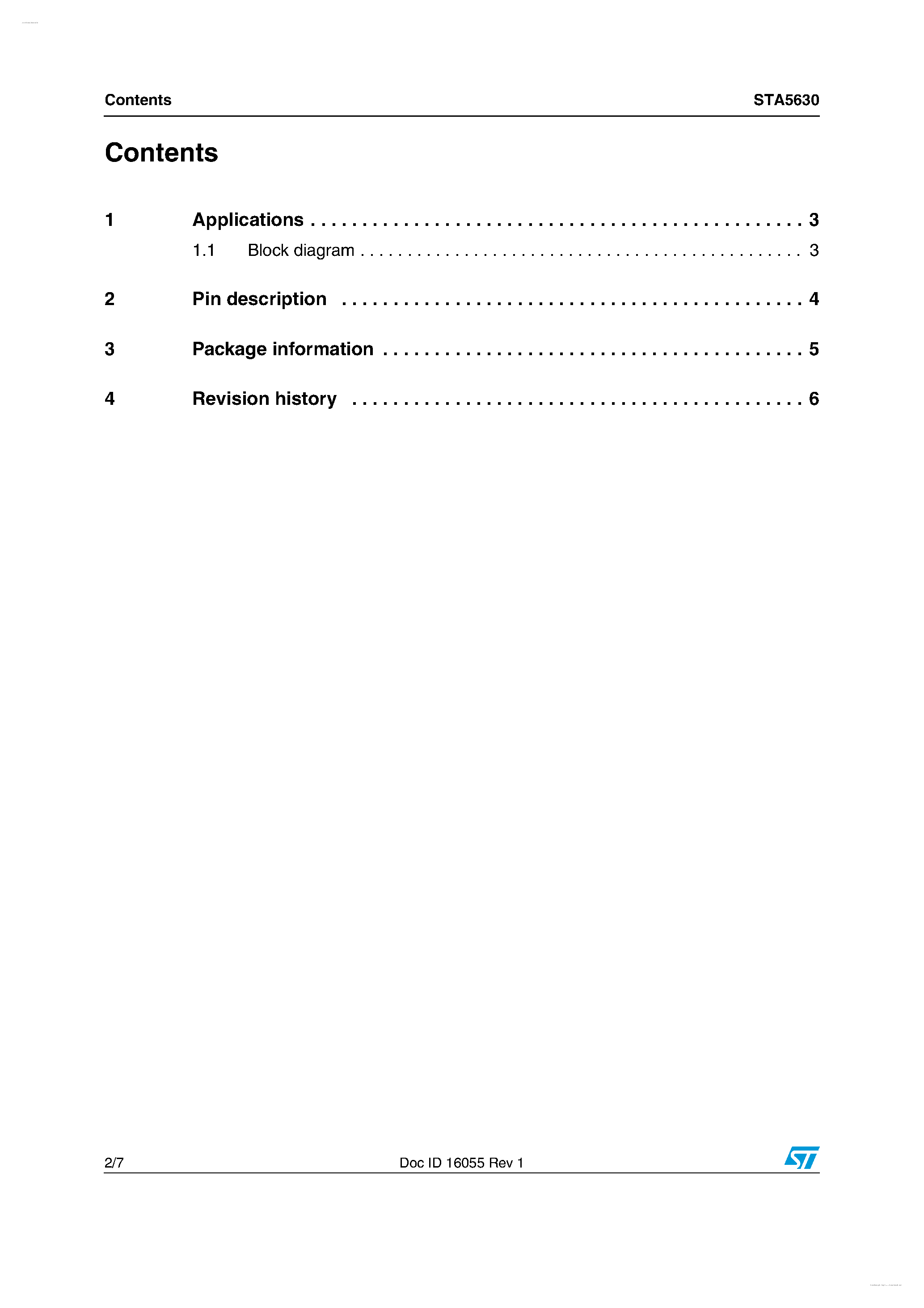 Datasheet STA5630 page 2 Datasheet STA5630 - Low power GPS RF front-end page 2
