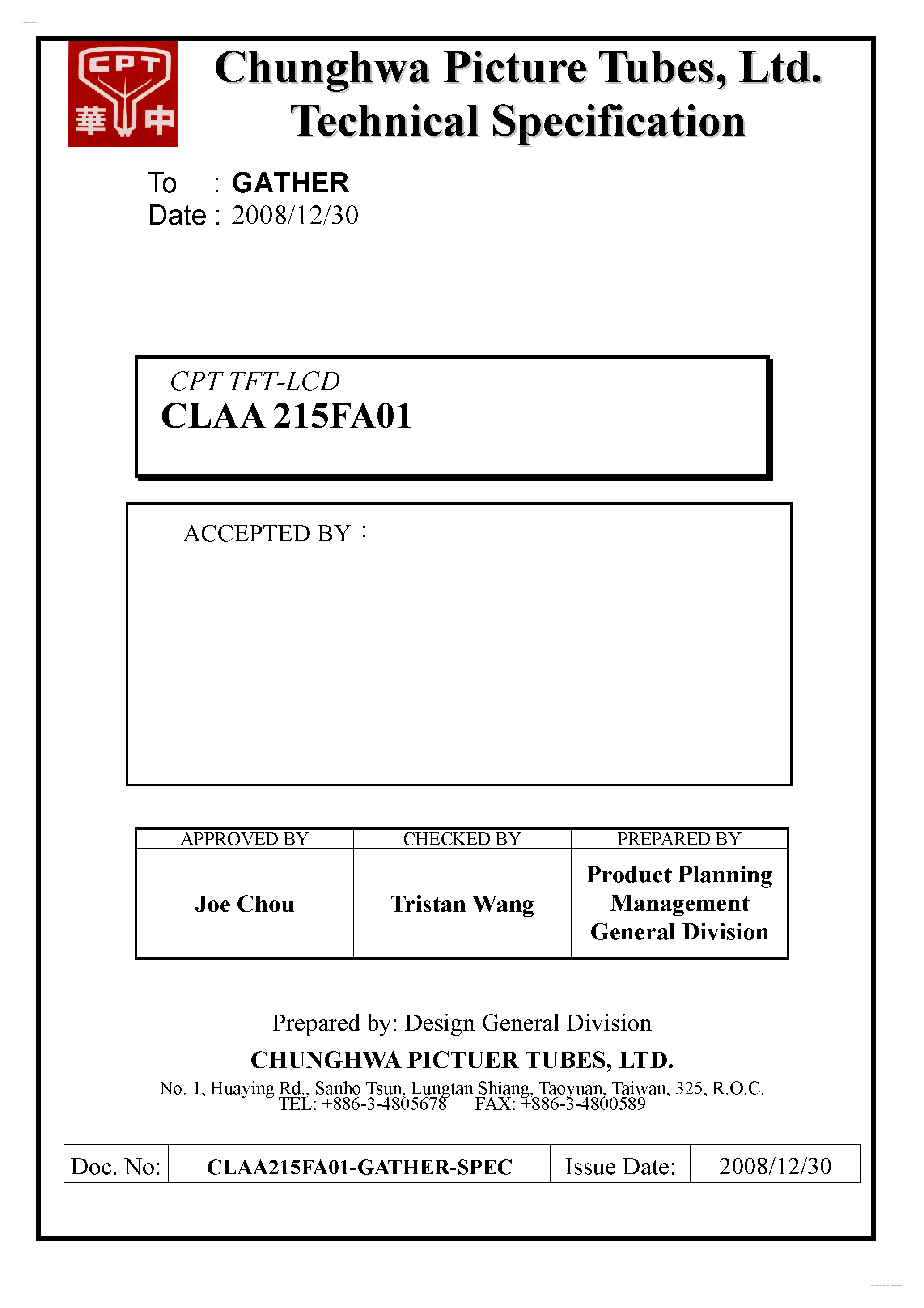 Даташит на микросхему CLAA215FA01 страница 1 Даташит CLAA215FA01 - Display Module страница 1