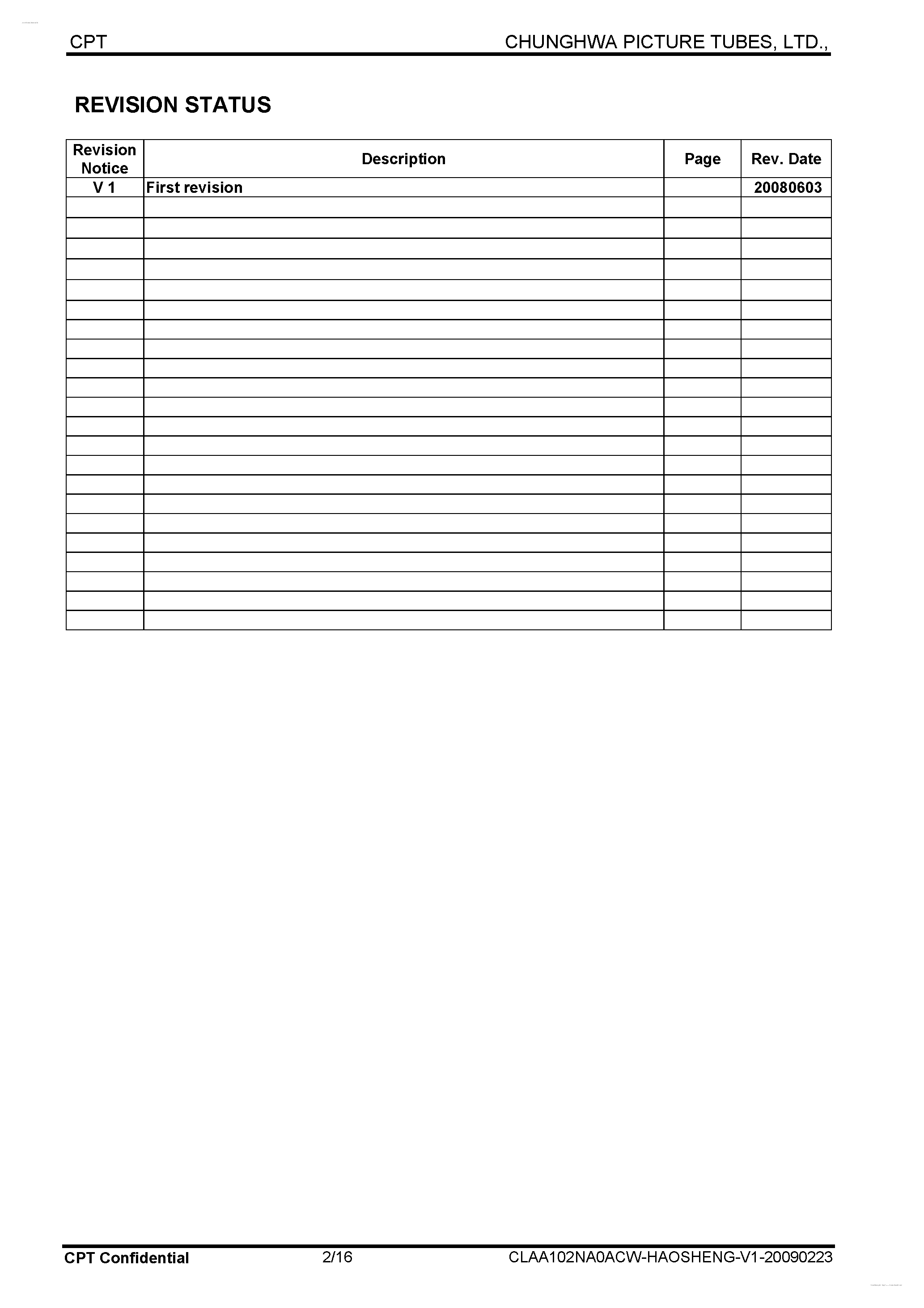 Datasheet CLAA102NA0ACW page 2 Datasheet CLAA102NA0ACW - Display Module page 2