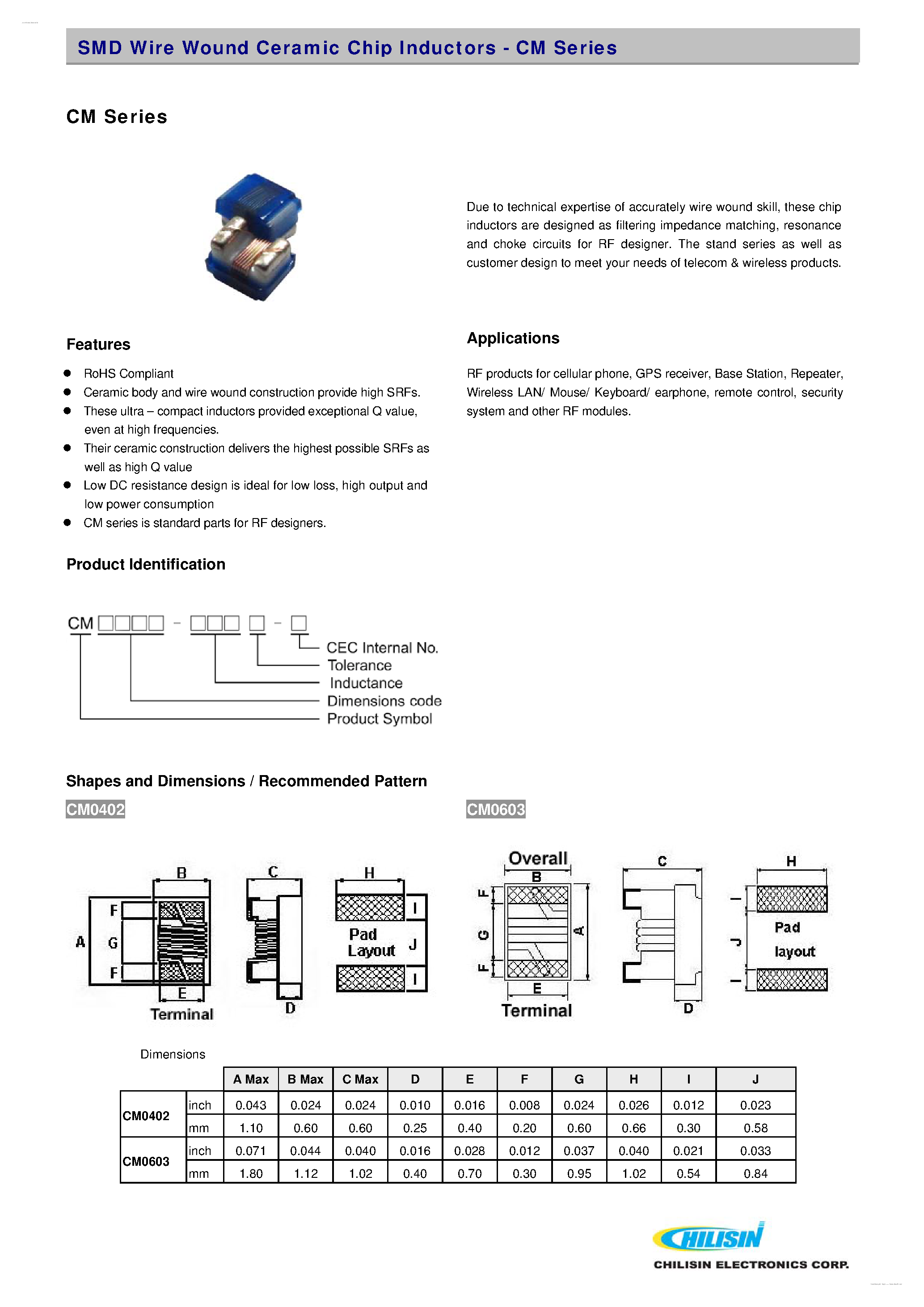 Даташит CM0402 - (CM0402 / CM0603) SMD Wire Wound Ceramic Chip Inductors страница 1