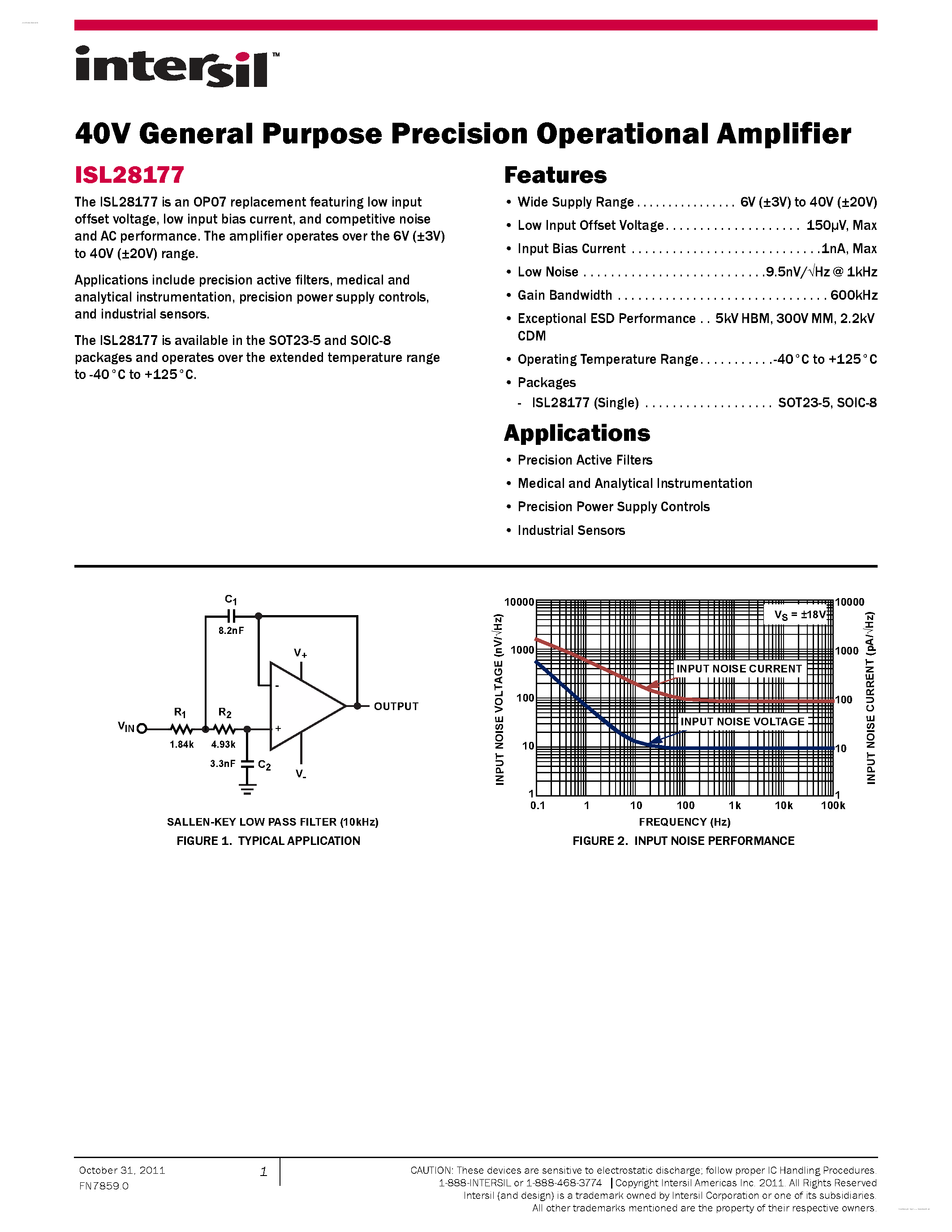 Datasheet ISL28177 - 40V General Purpose Precision Operational Amplifier page 1