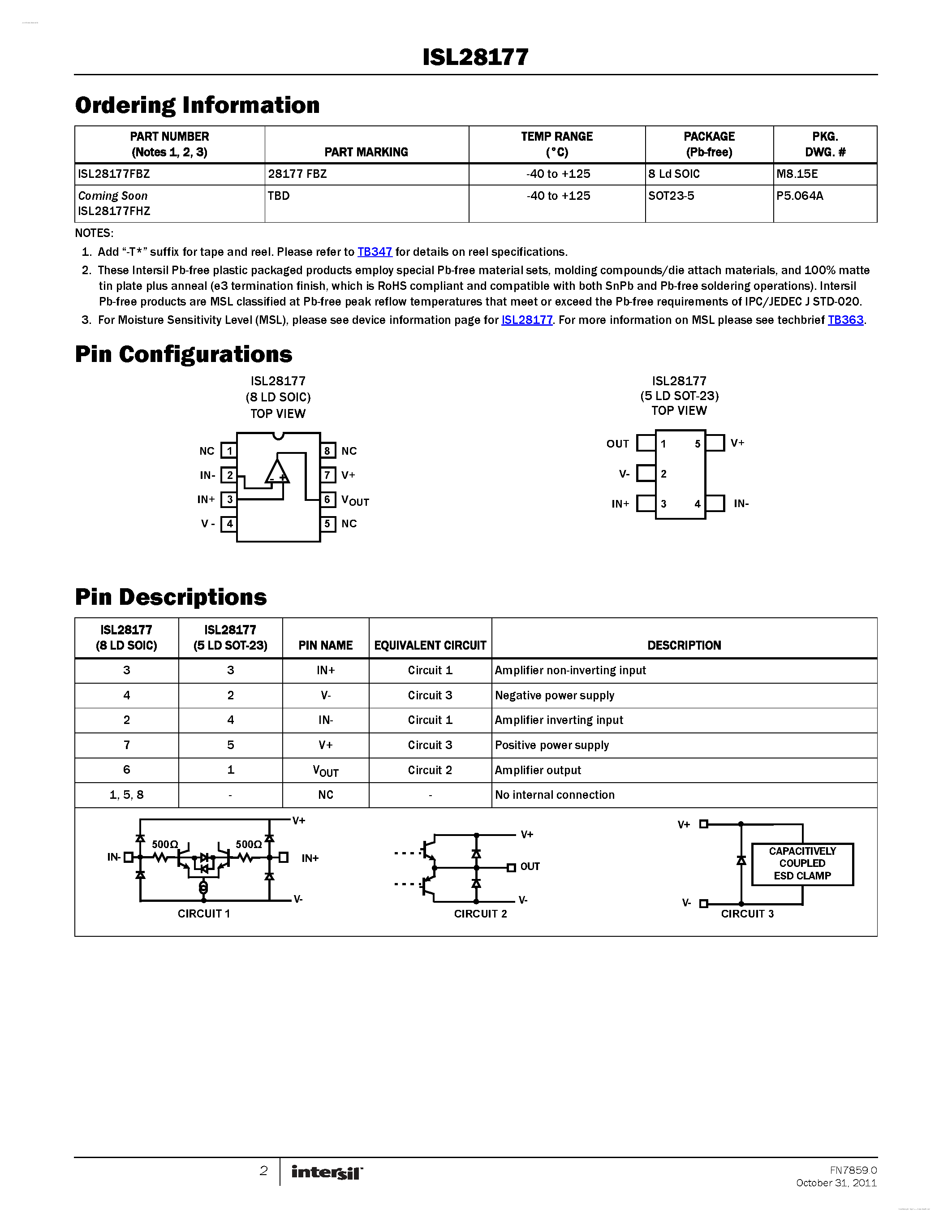 Datasheet ISL28177 - 40V General Purpose Precision Operational Amplifier page 2