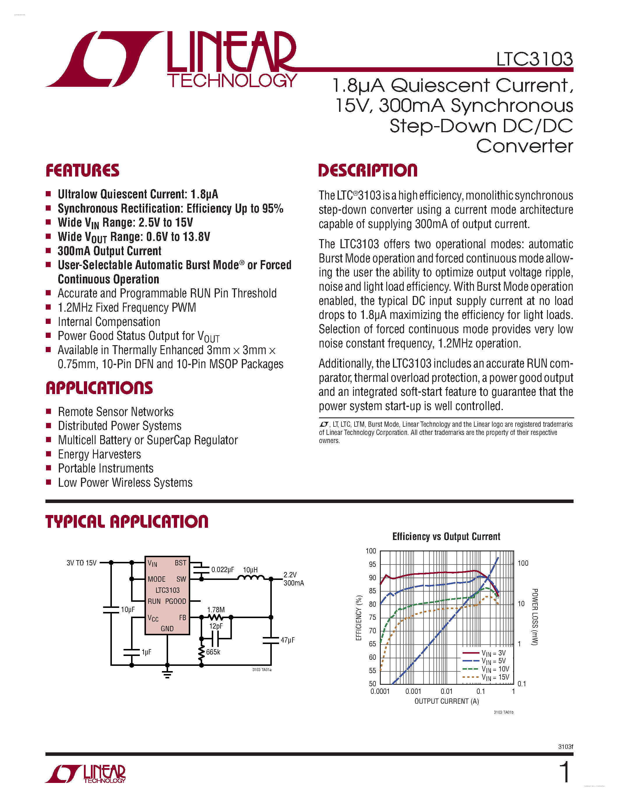 Datasheet LTC3103 page 1 Datasheet LTC3103 - 300mA Synchronous Step-Down DC/DC Converter page 1