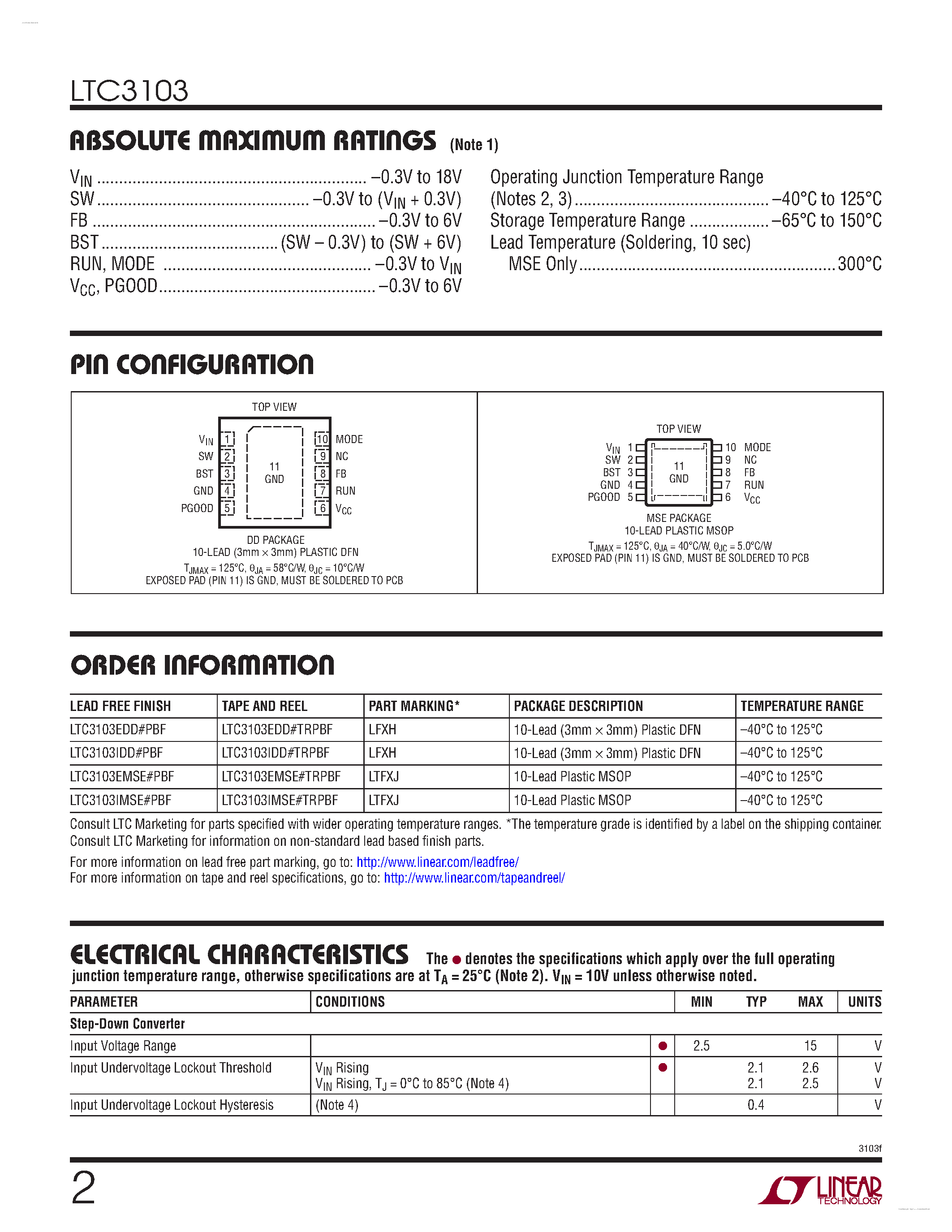 Datasheet LTC3103 page 2 Datasheet LTC3103 - 300mA Synchronous Step-Down DC/DC Converter page 2