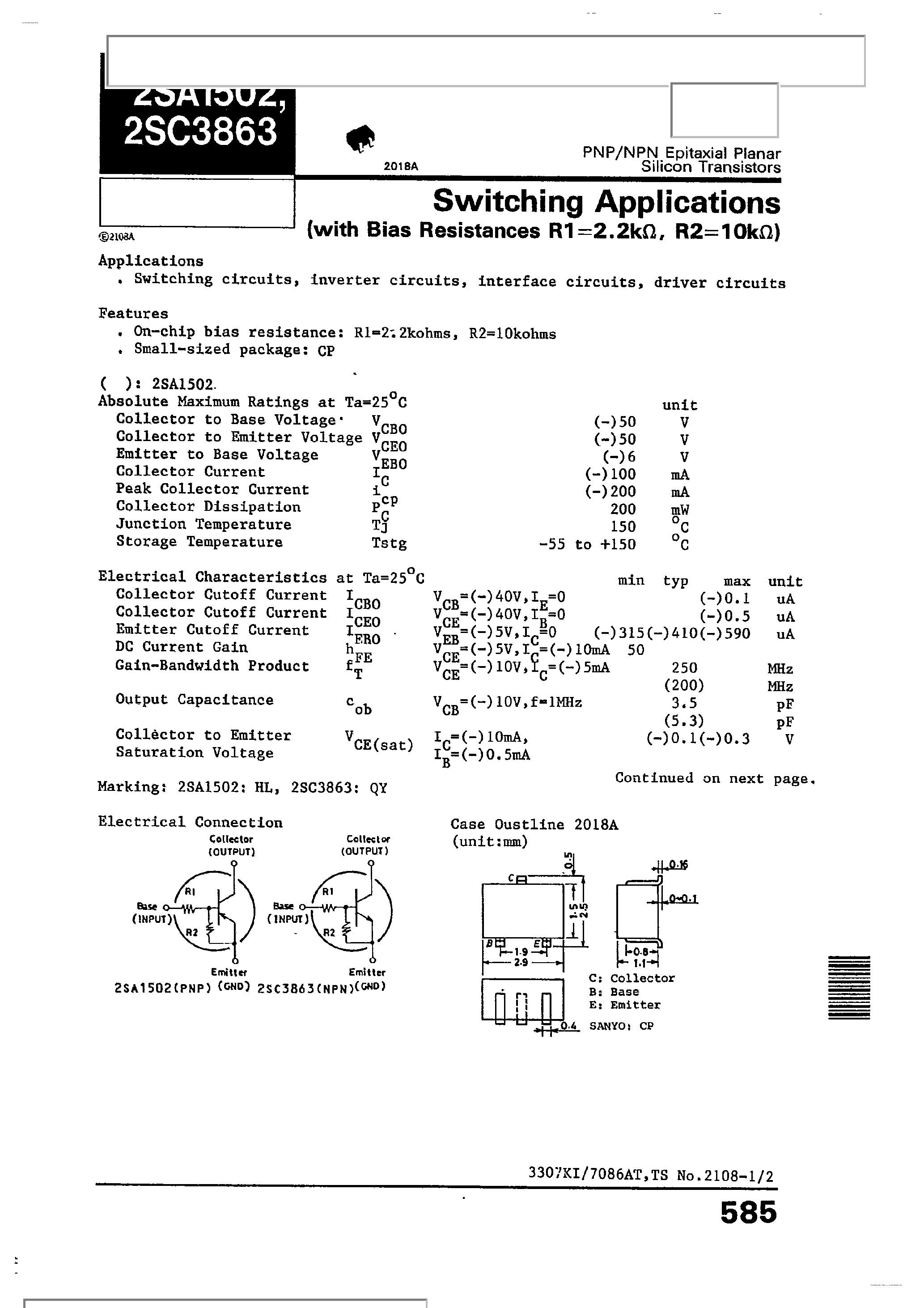 Datasheet 2SA1502 - EPITAXIAL PLANAR SILICON TRANSISTORS page 1