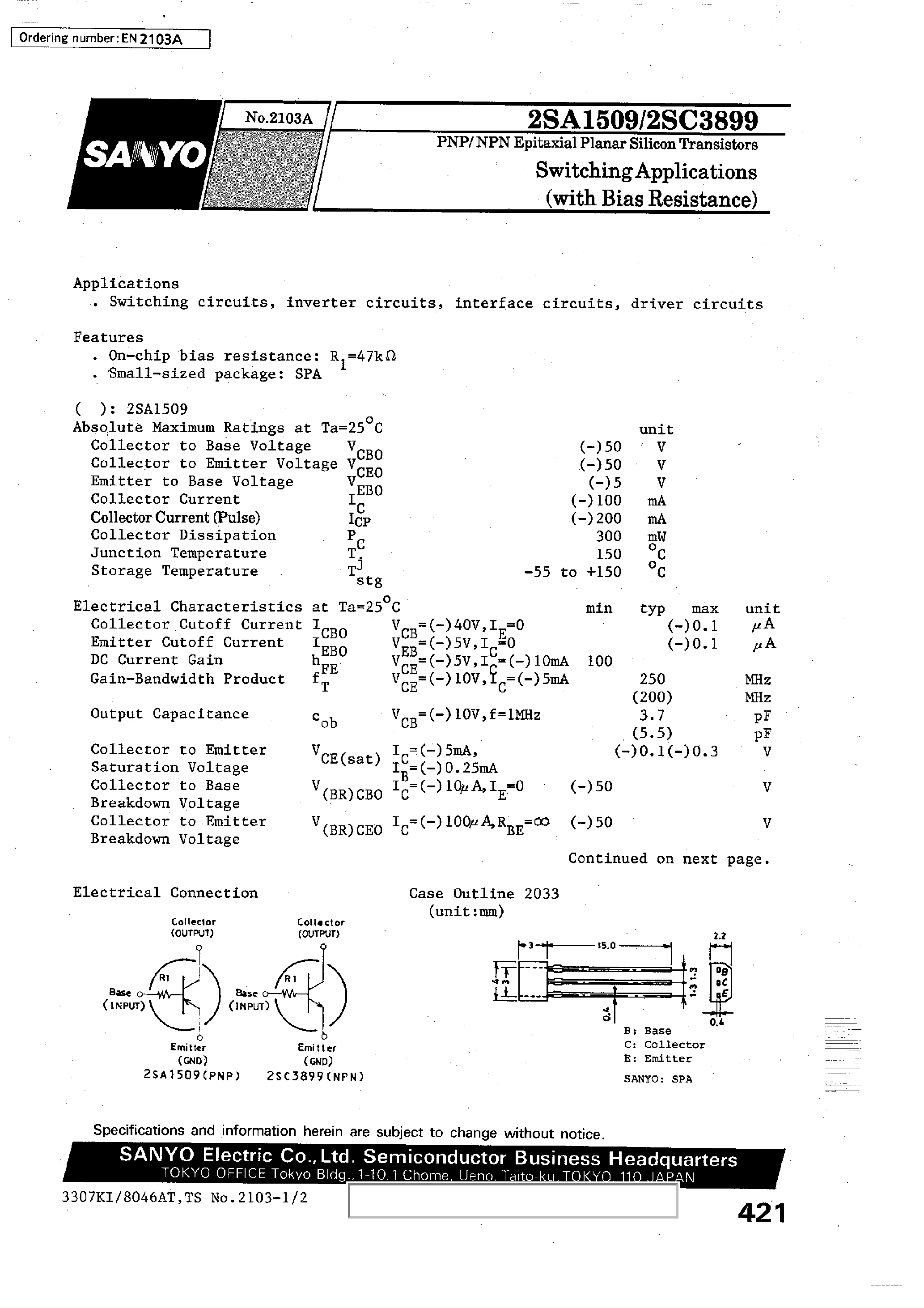 Datasheet 2SA1509 - EPITAXIAL PLANAR SILICON TRANSISTORS page 1