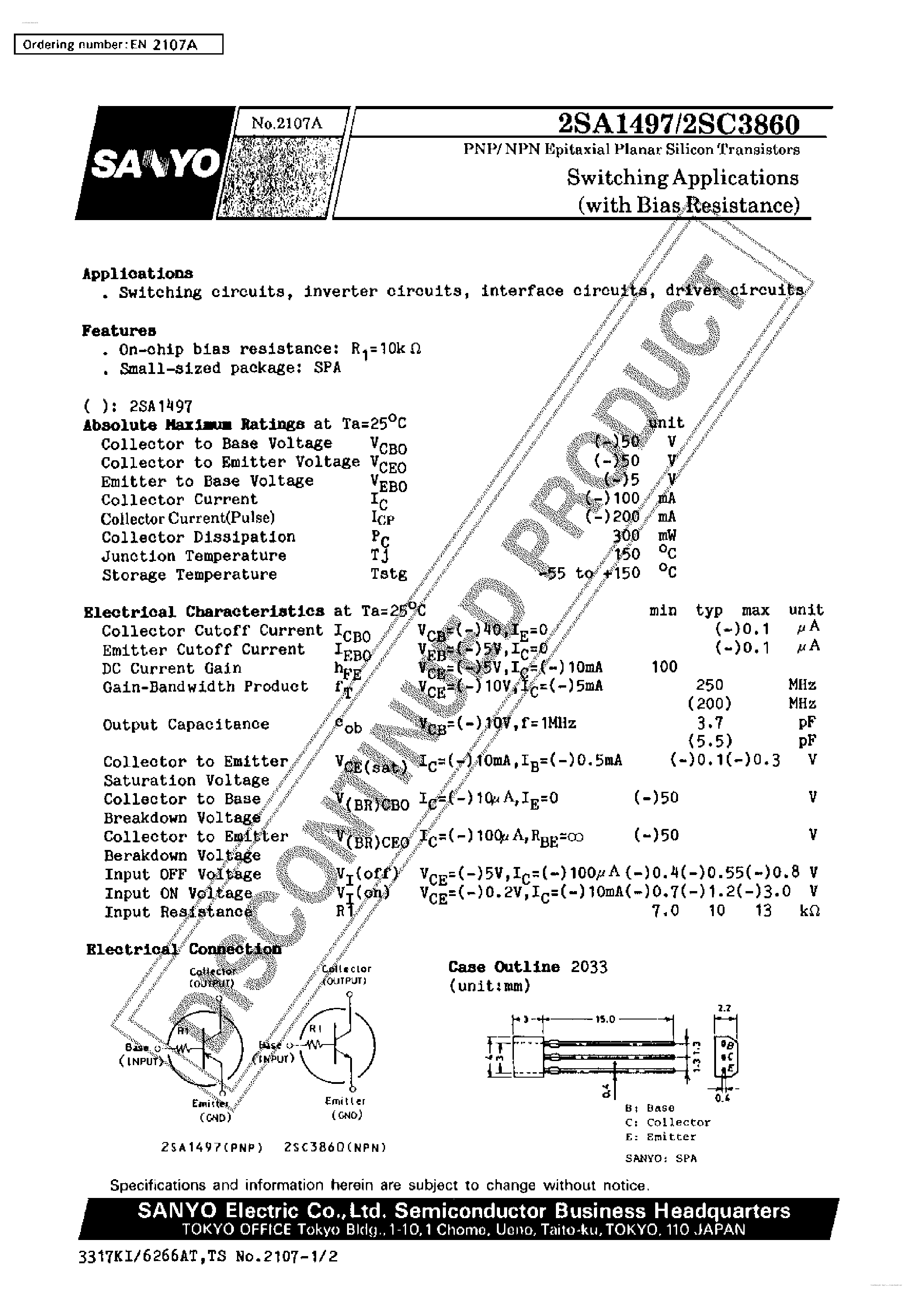 Datasheet 2SC3860 - EPITAXIAL PLANAR SILICON TRANSISTORS page 1