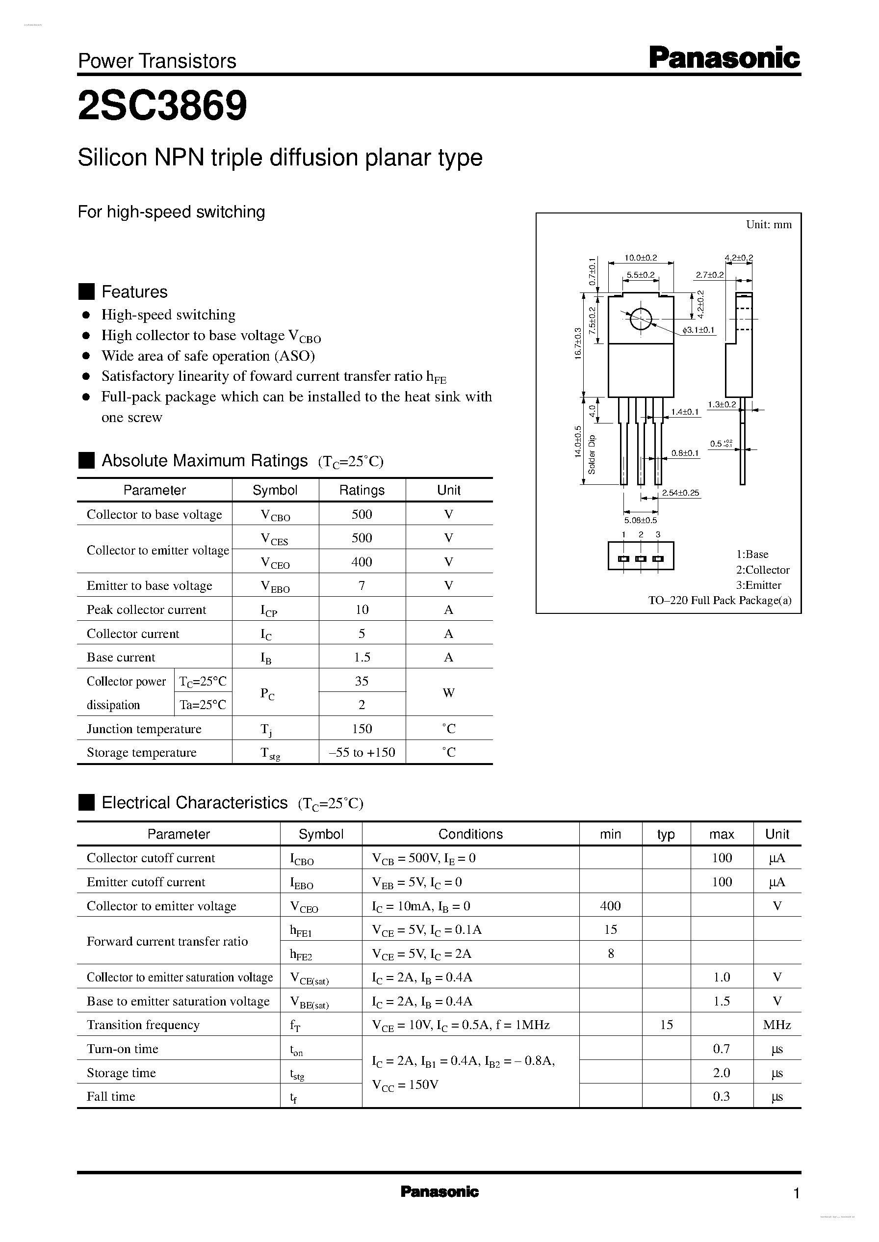 Datasheet 2SC3869 - Silicon NPN triple diffusion planar type page 1