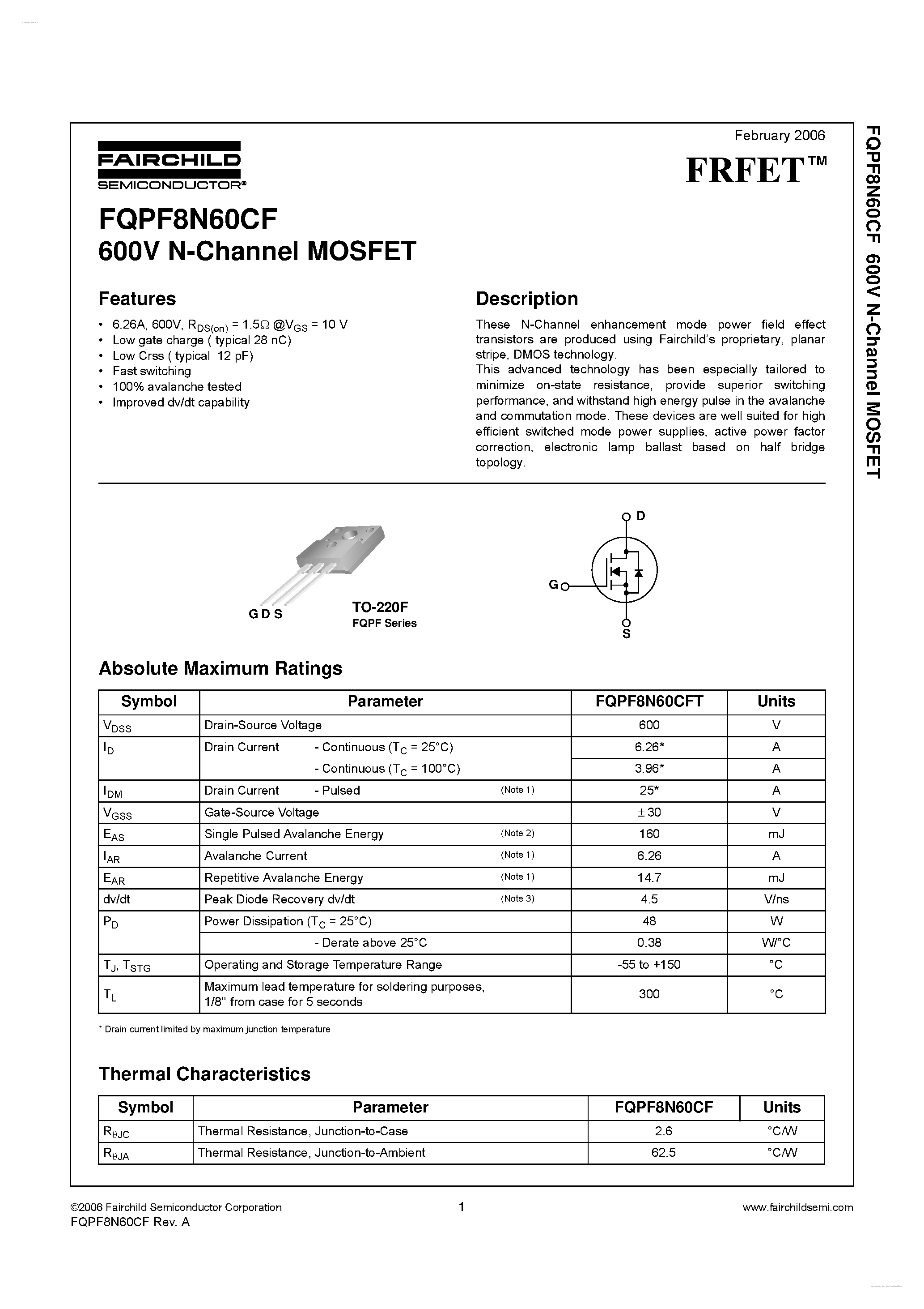 Datasheet FQPF8N60CF - 600V N-Channel MOSFET page 1