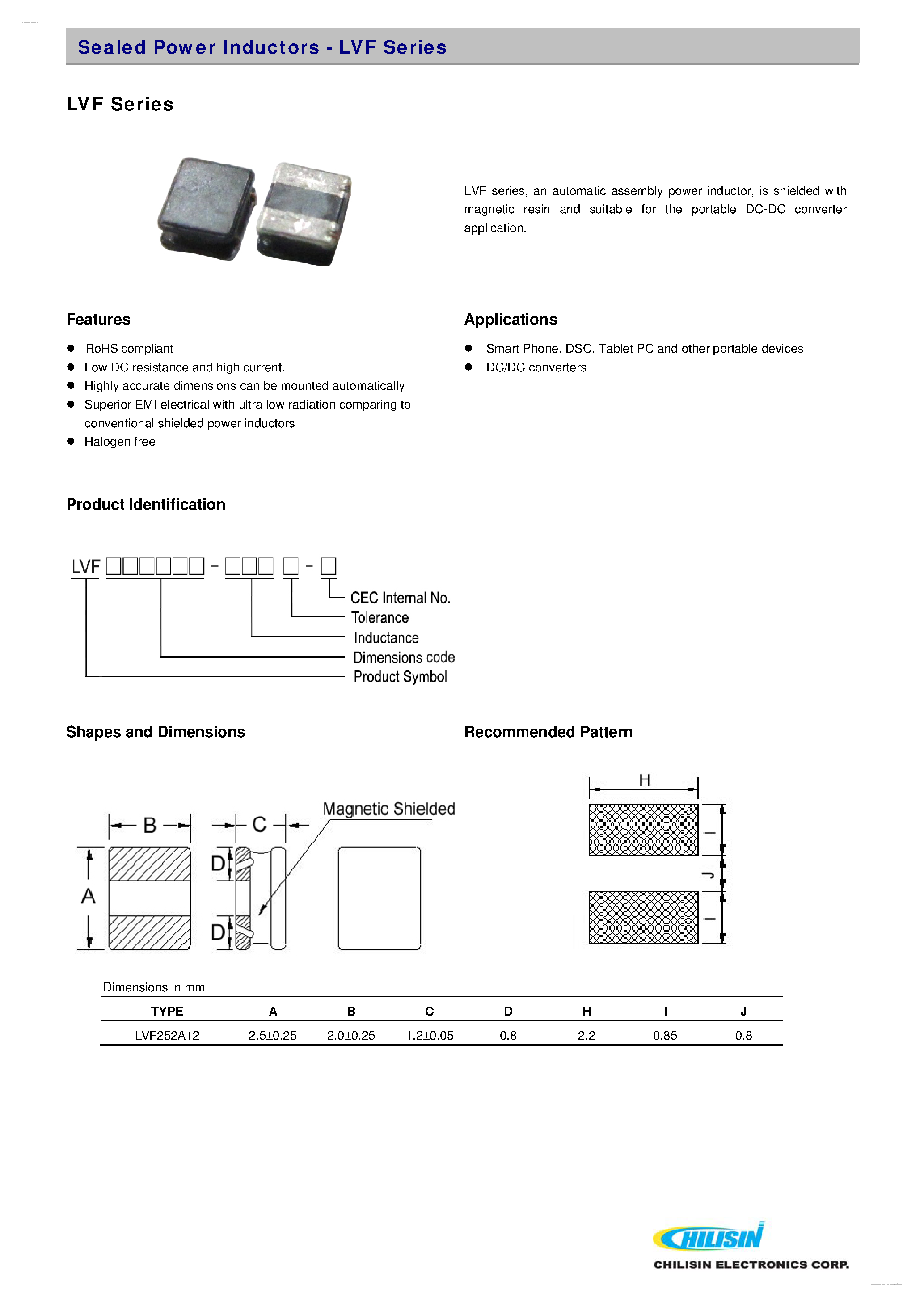 Datasheet LVF252A12 - Sealed Power Inductors page 1