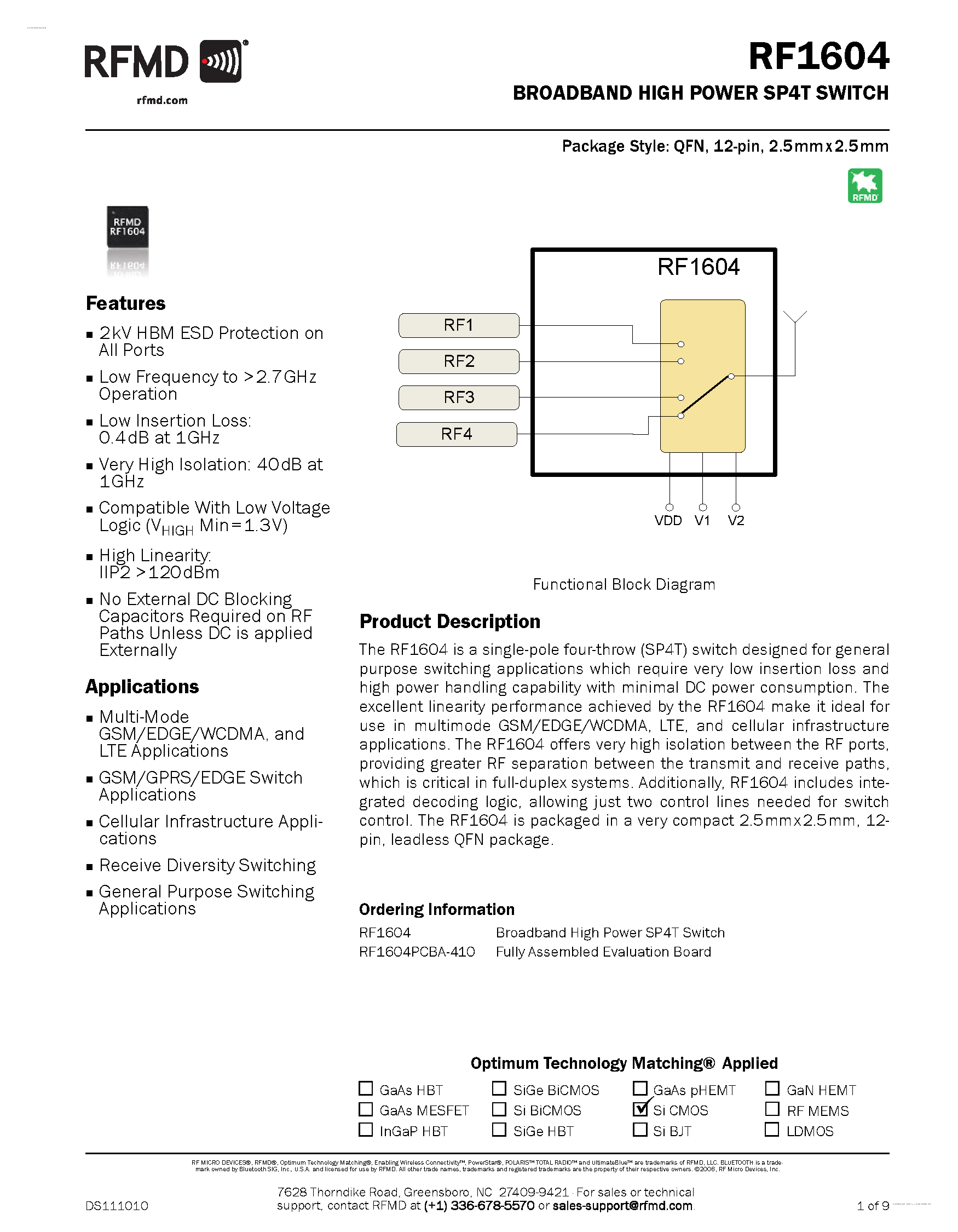 Datasheet RF1604 page 1 Datasheet RF1604 - BROADBAND HIGH POWER SP4T SWITCH page 1