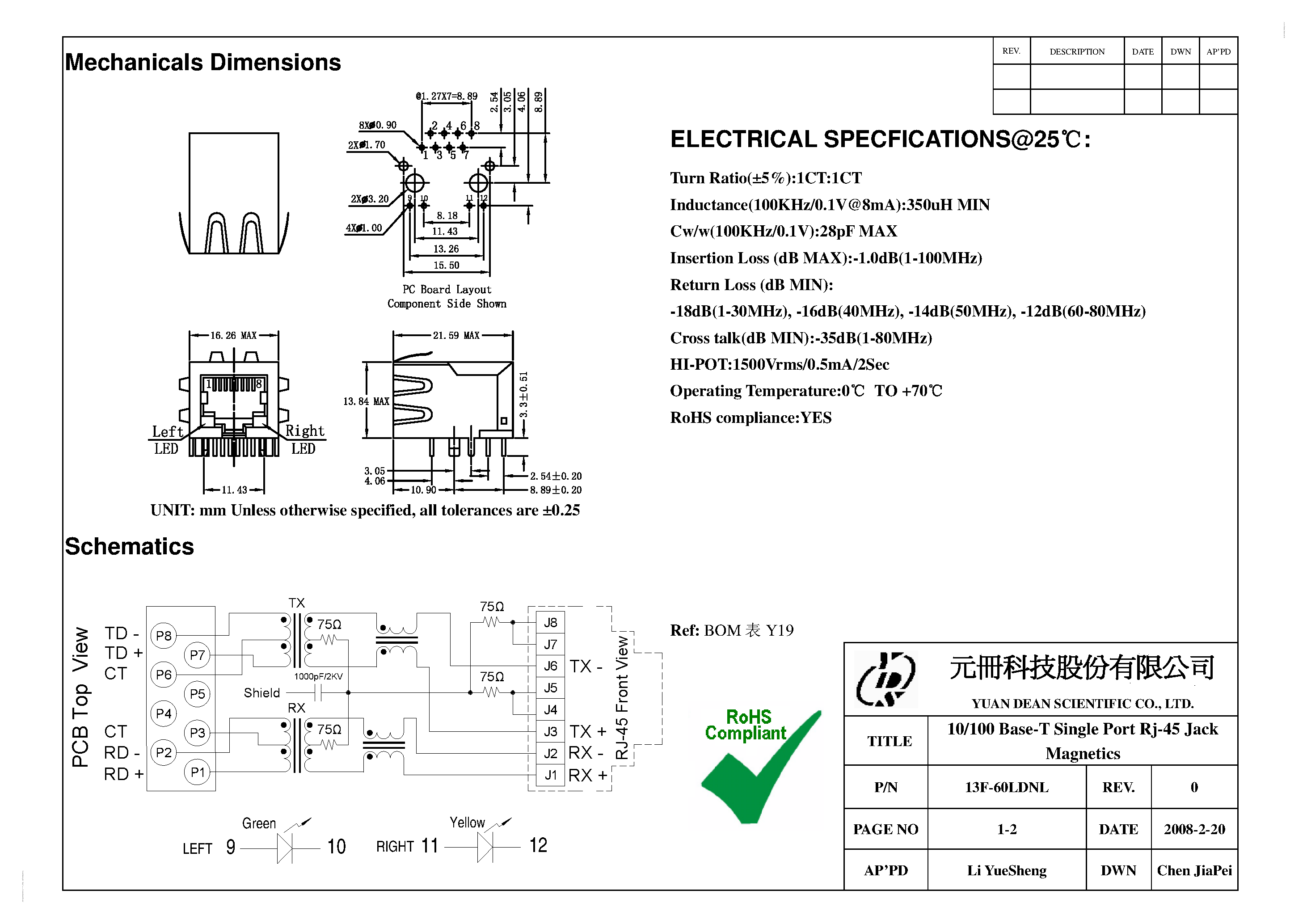 Datasheet 13F-60LDNL - 10/100 Base-T Single Port Rj-45 Jack Magnetics page 1