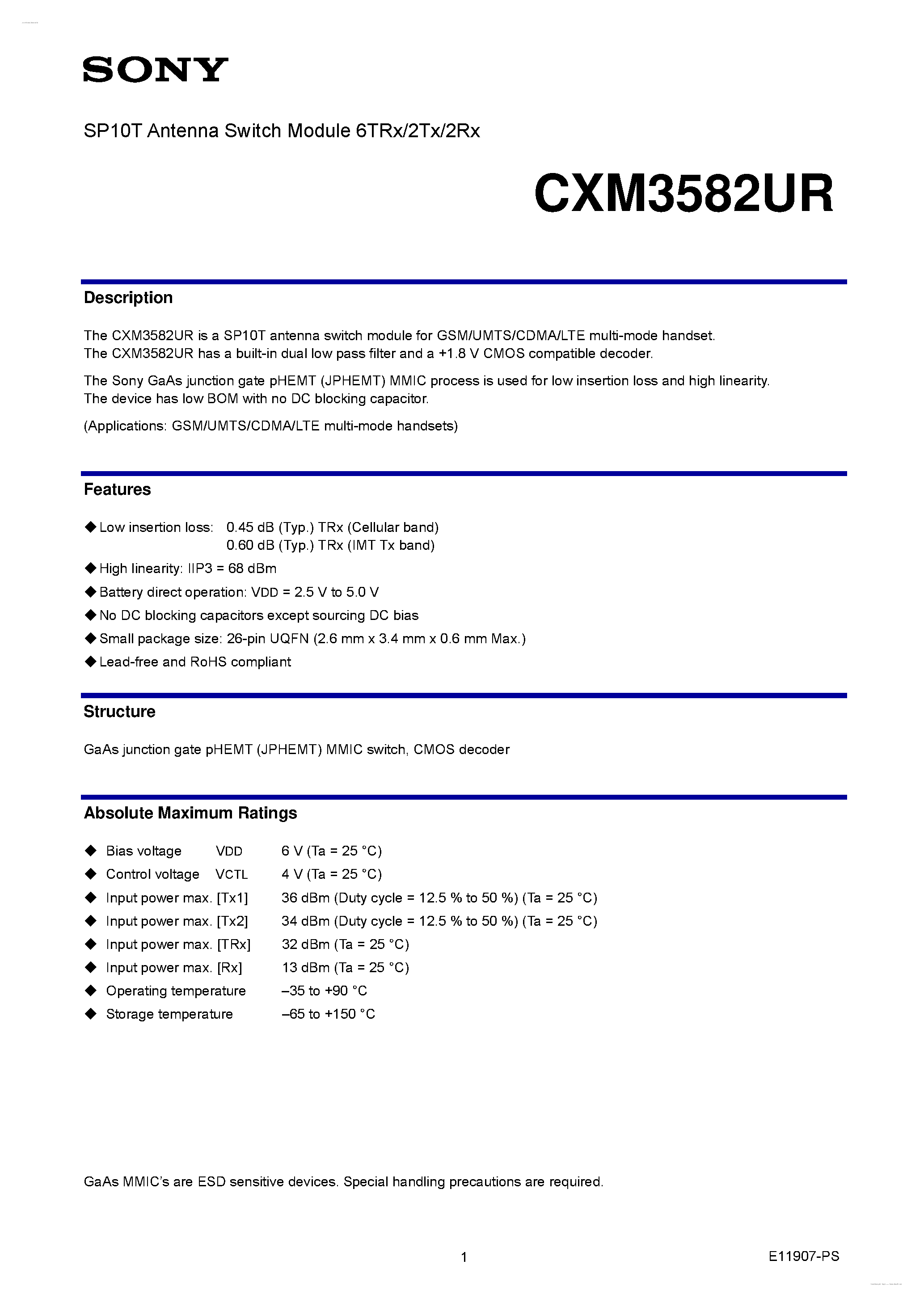 Даташит на микросхему CXM3582UR страница 1 Даташит CXM3582UR - SP10T Antenna Switch Module 6TRx/2Tx/2Rx страница 1