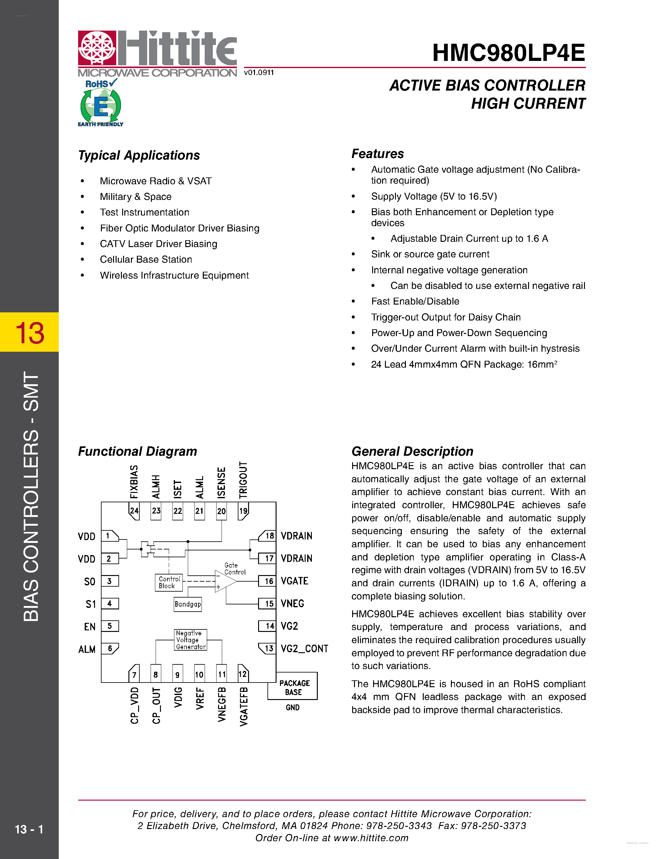 Даташит HMC980LP4E - ACTIVE BIAS CONTROLLER страница 1
