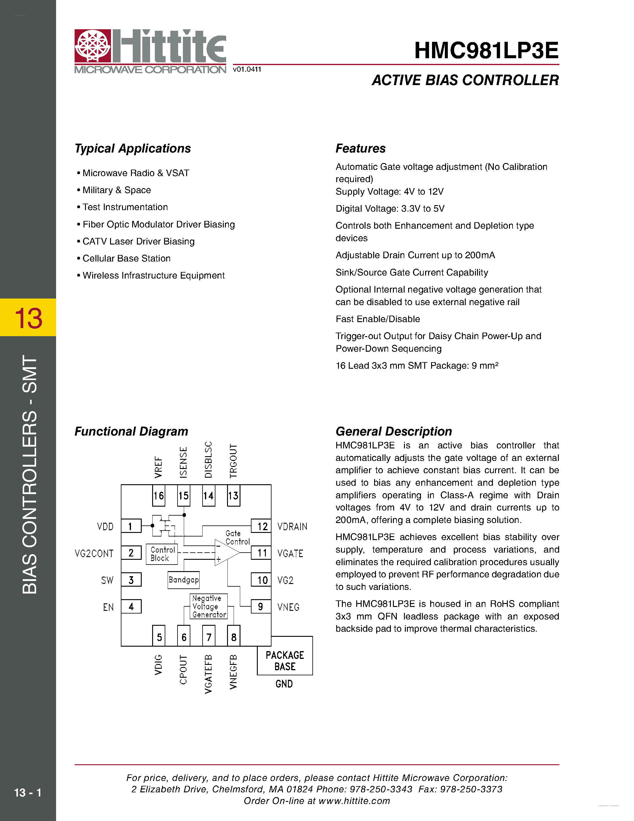 Даташит HMC981LP3E - ACTIVE BIAS CONTROLLER страница 1