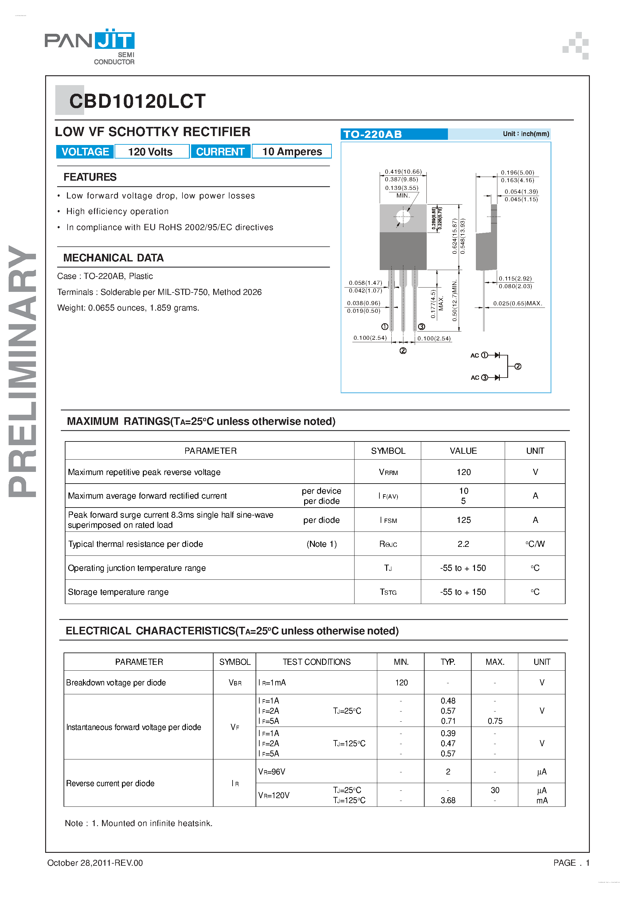 Datasheet CBD10120LCT - Low VF Schottky Rectifier page 1