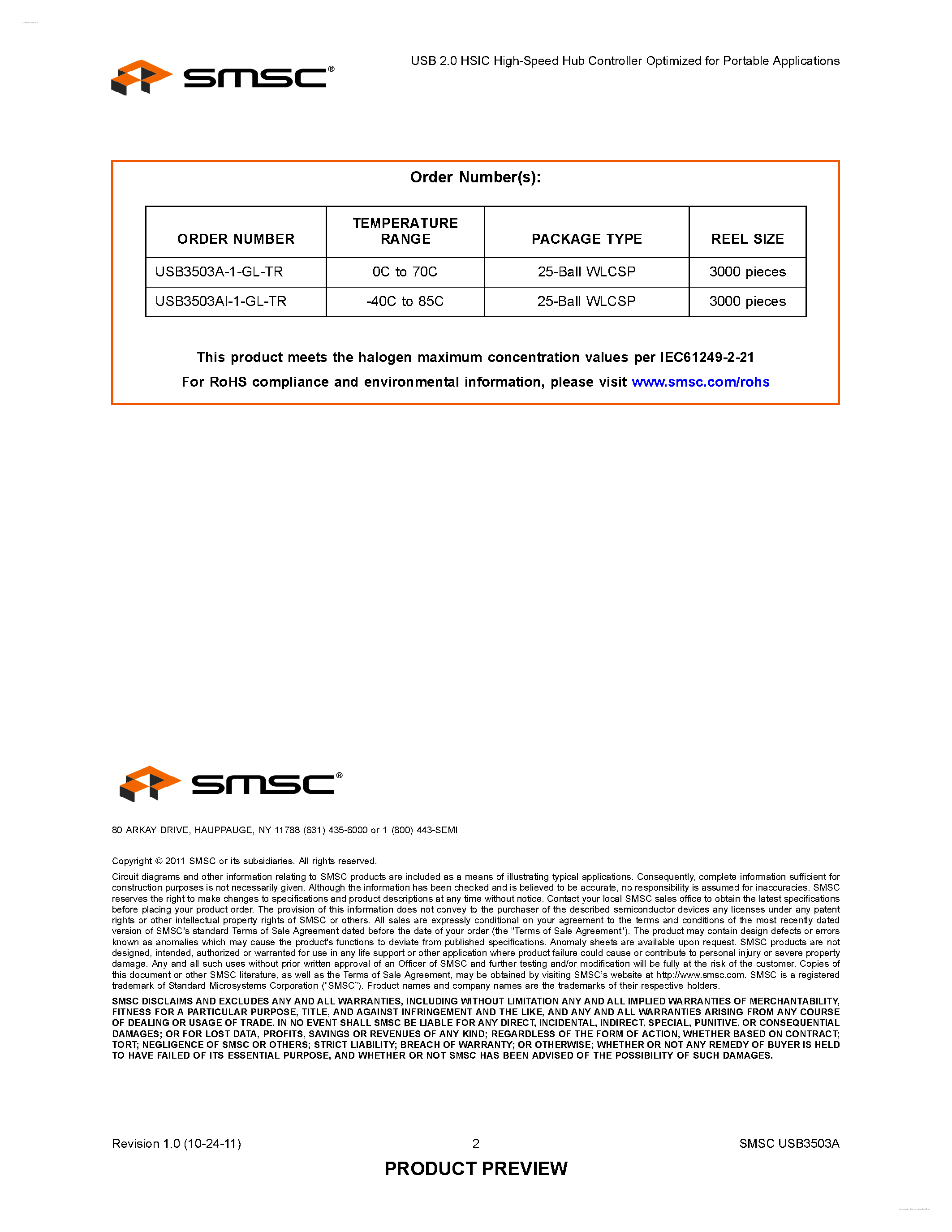 Datasheet USB3503 page 2 Datasheet USB3503 - USB 2.0 HSIC High-Speed Hub Controller Optimized page 2