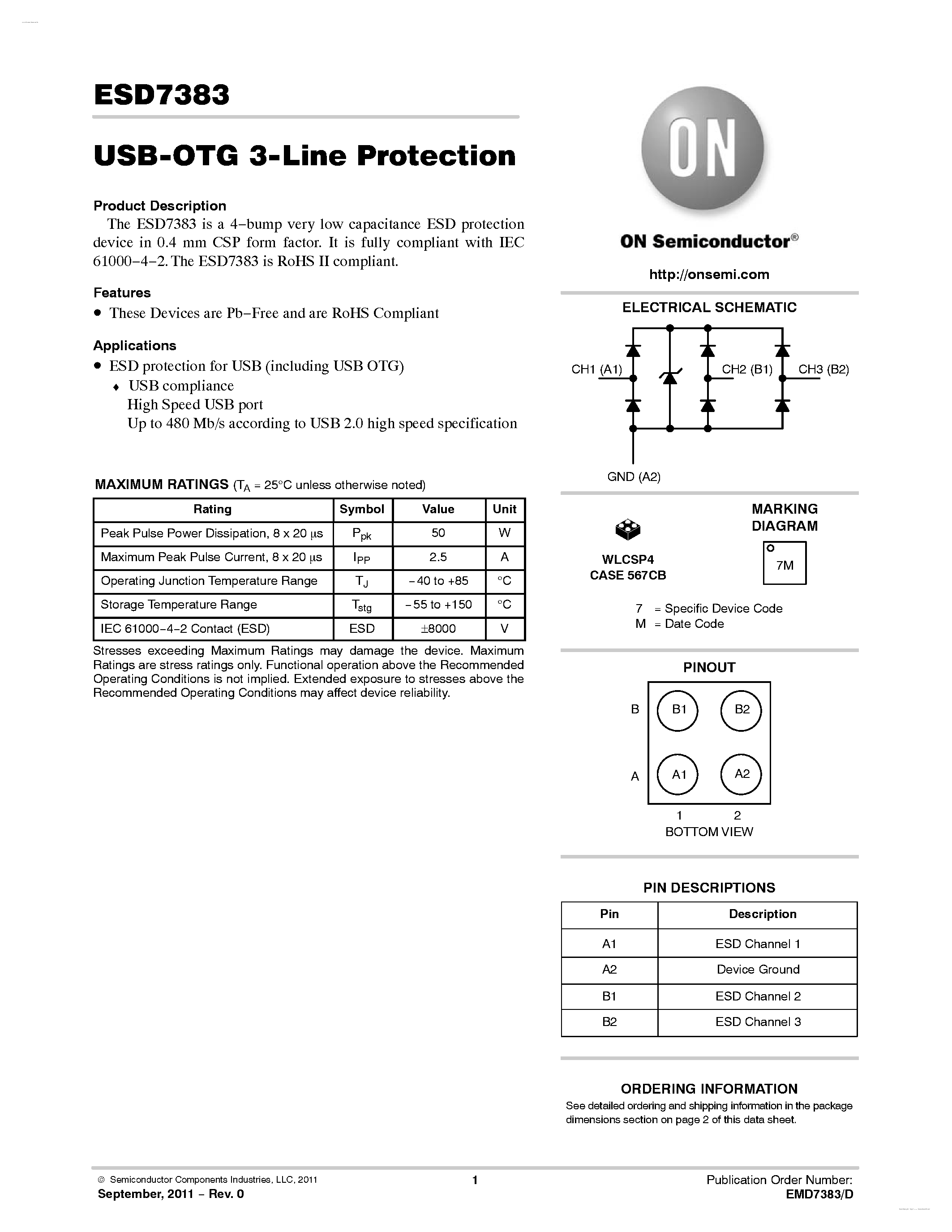 Даташит на микросхему ESD7383 страница 1 Даташит ESD7383 - USB-OTG 3-Line Protection страница 1