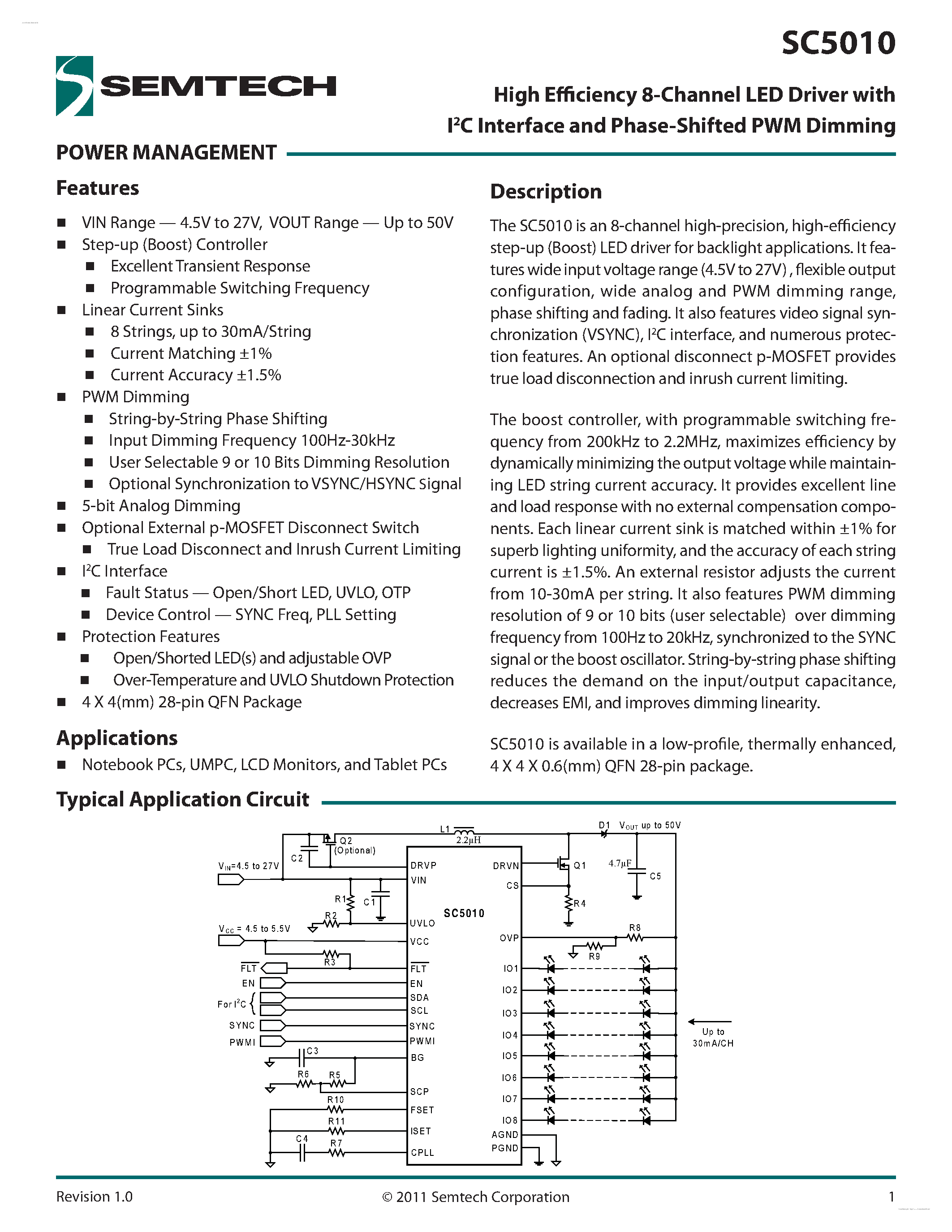 Даташит SC5010 - High Efficiency 8-Channel LED Driver страница 1