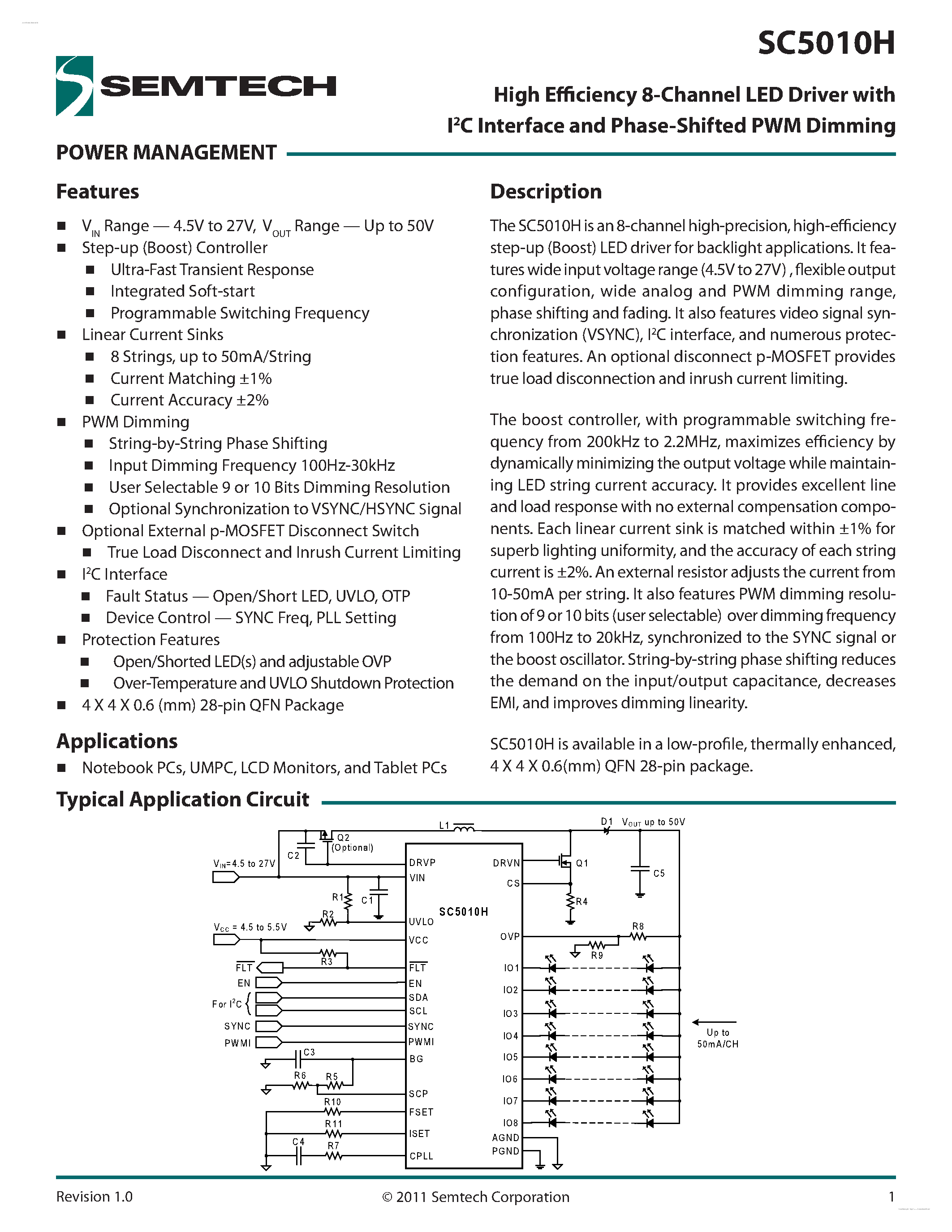 Даташит SC5010H - High Efficiency 8-Channel LED Driver страница 1