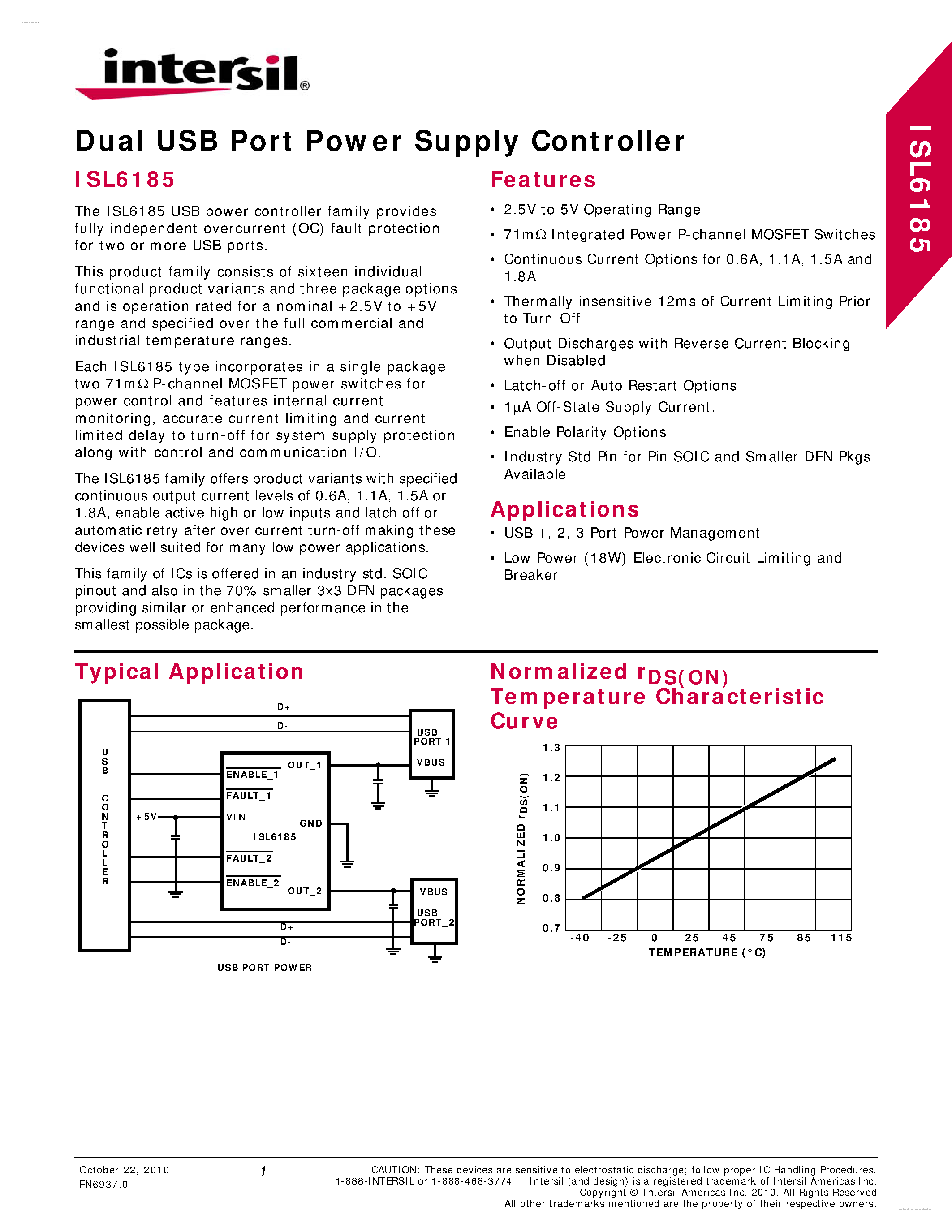 Datasheet ISL6185 - Dual USB Port Power Supply Controller page 1