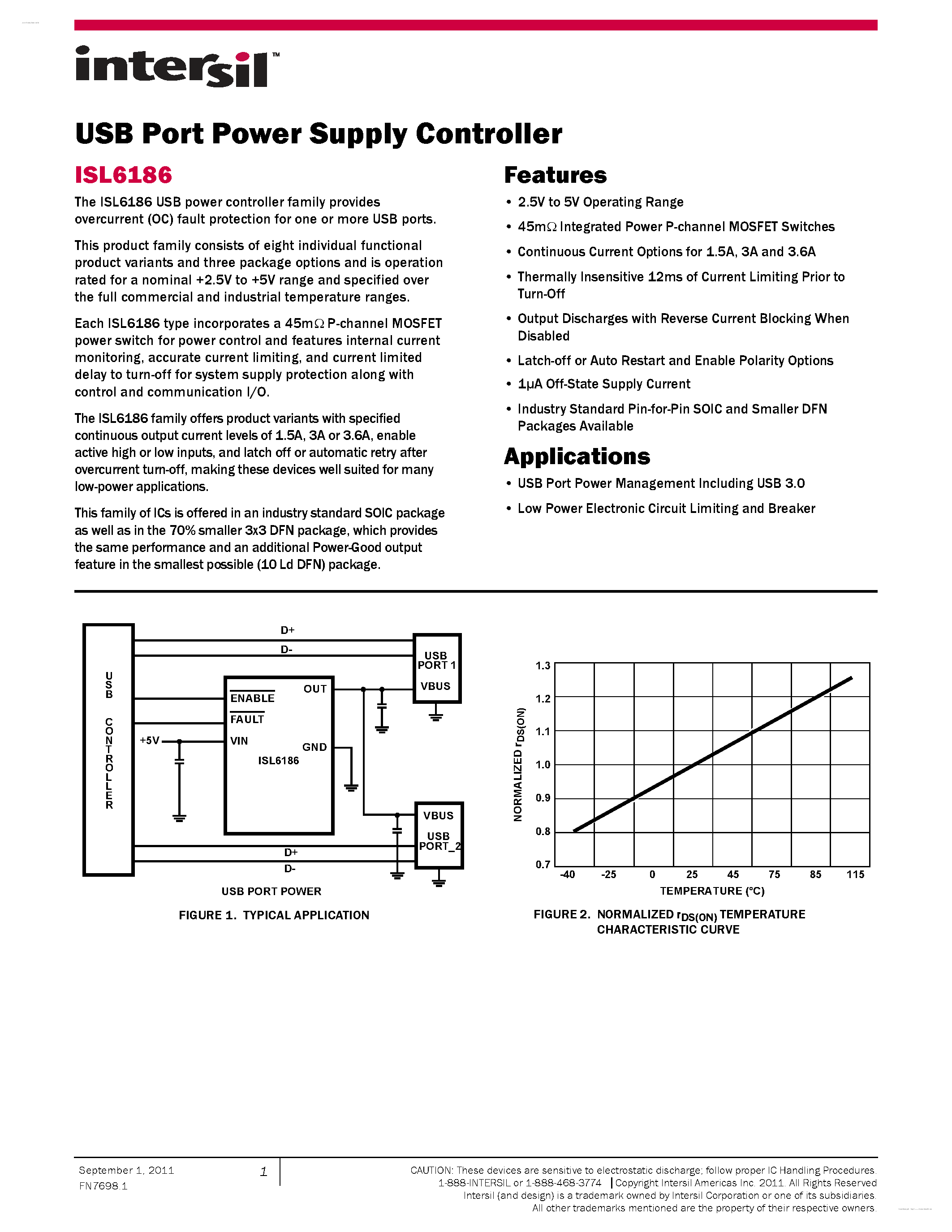 Datasheet ISL6186 - USB Port Power Supply Controller page 1