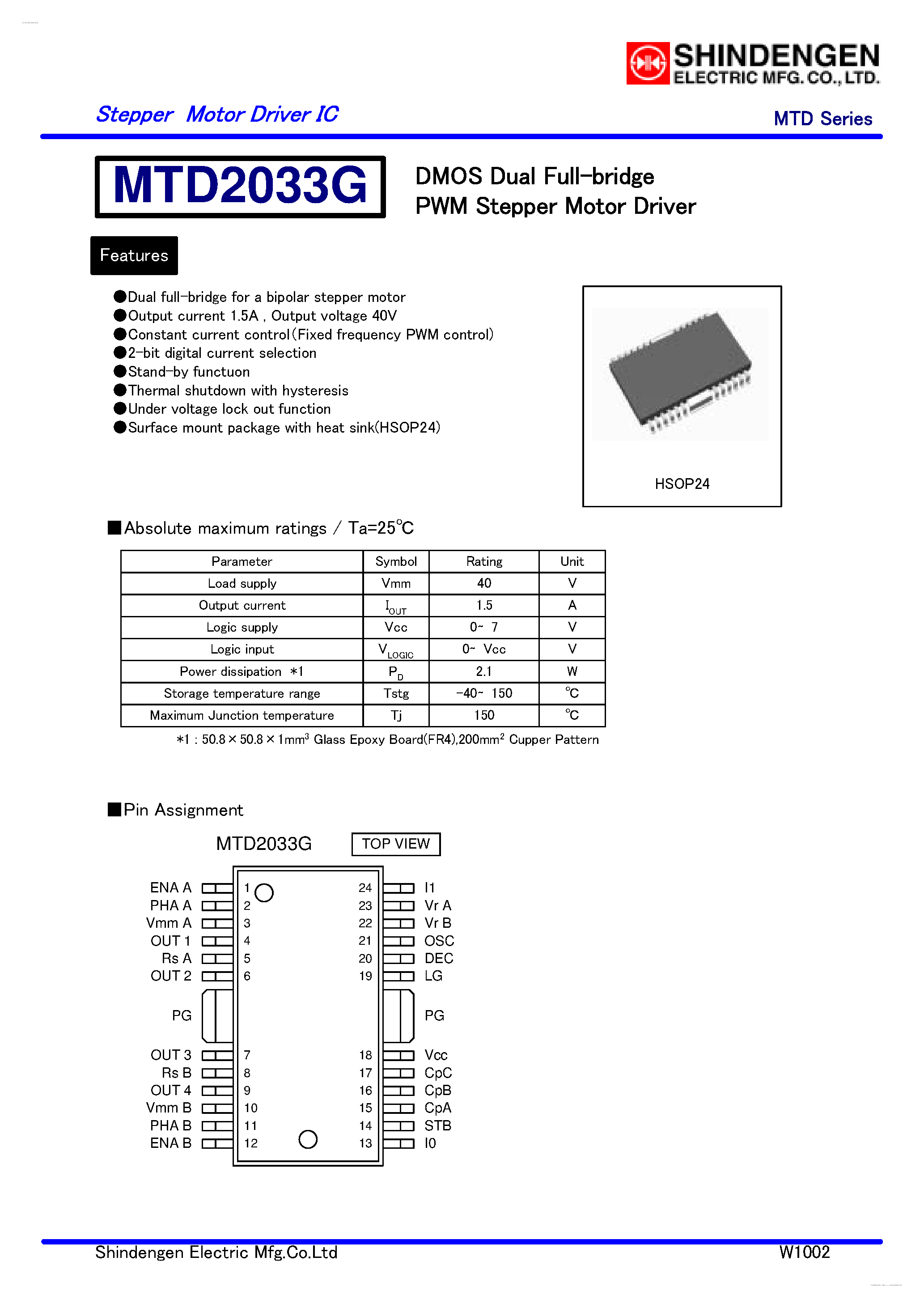 Даташит MTD2033G - DMOS Dual Full-bridge PWM Stepper Motor Driver страница 1