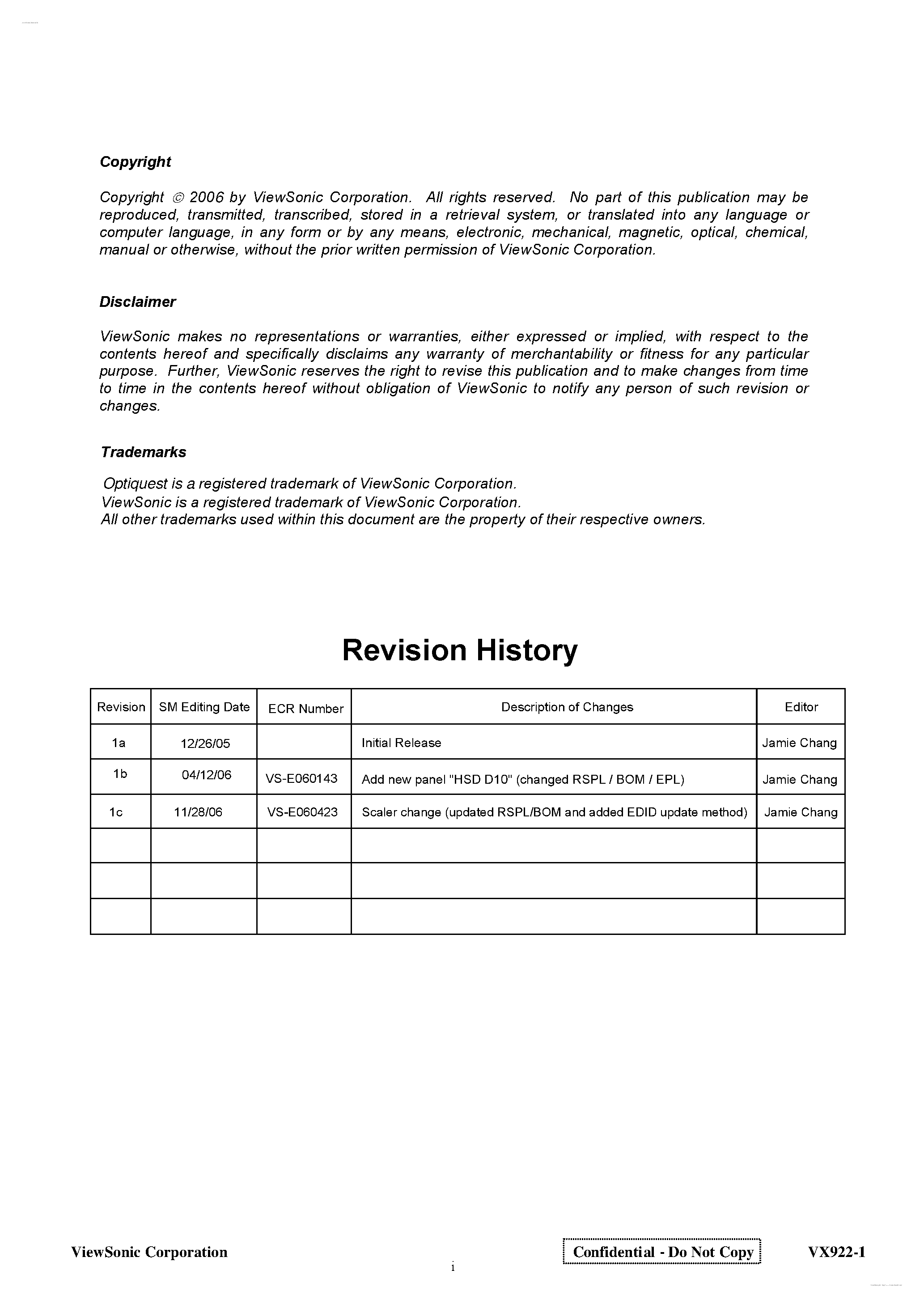 Datasheet VX922-1 page 2 Datasheet VX922-1 - Color TFT LCD Display page 2