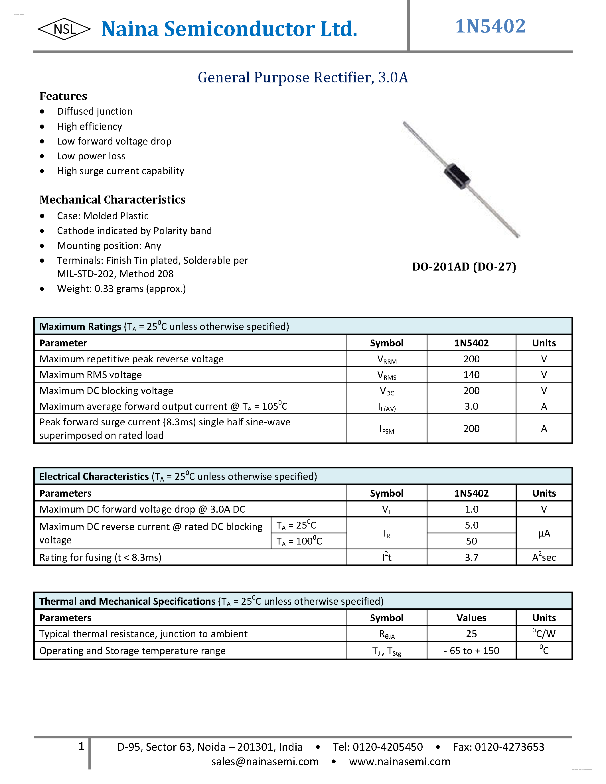 Даташит на микросхему IN5402 страница 1 Даташит IN5402 - Standard Recovery Diodes страница 1