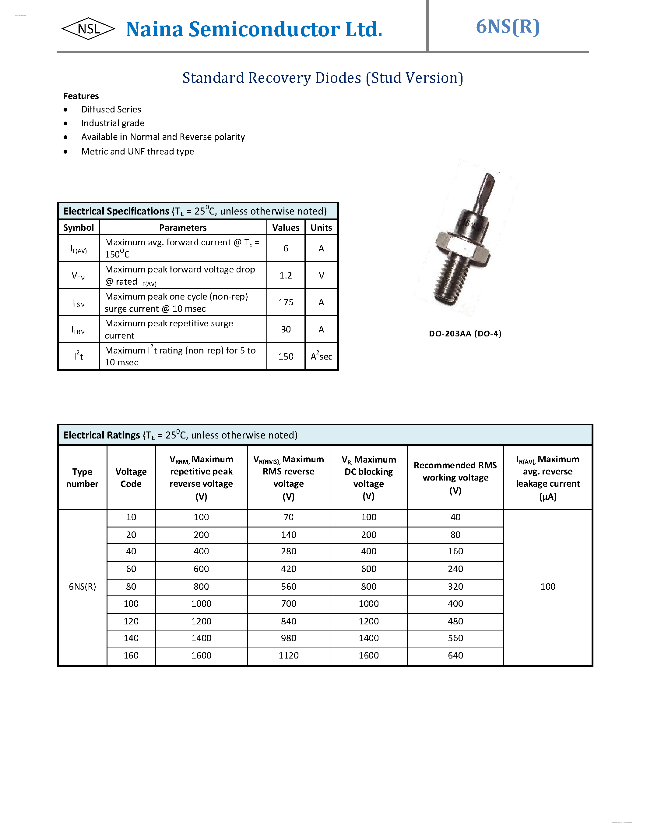 Даташит на микросхему 6NS страница 1 Даташит 6NS - Standard Recovery Diodes страница 1