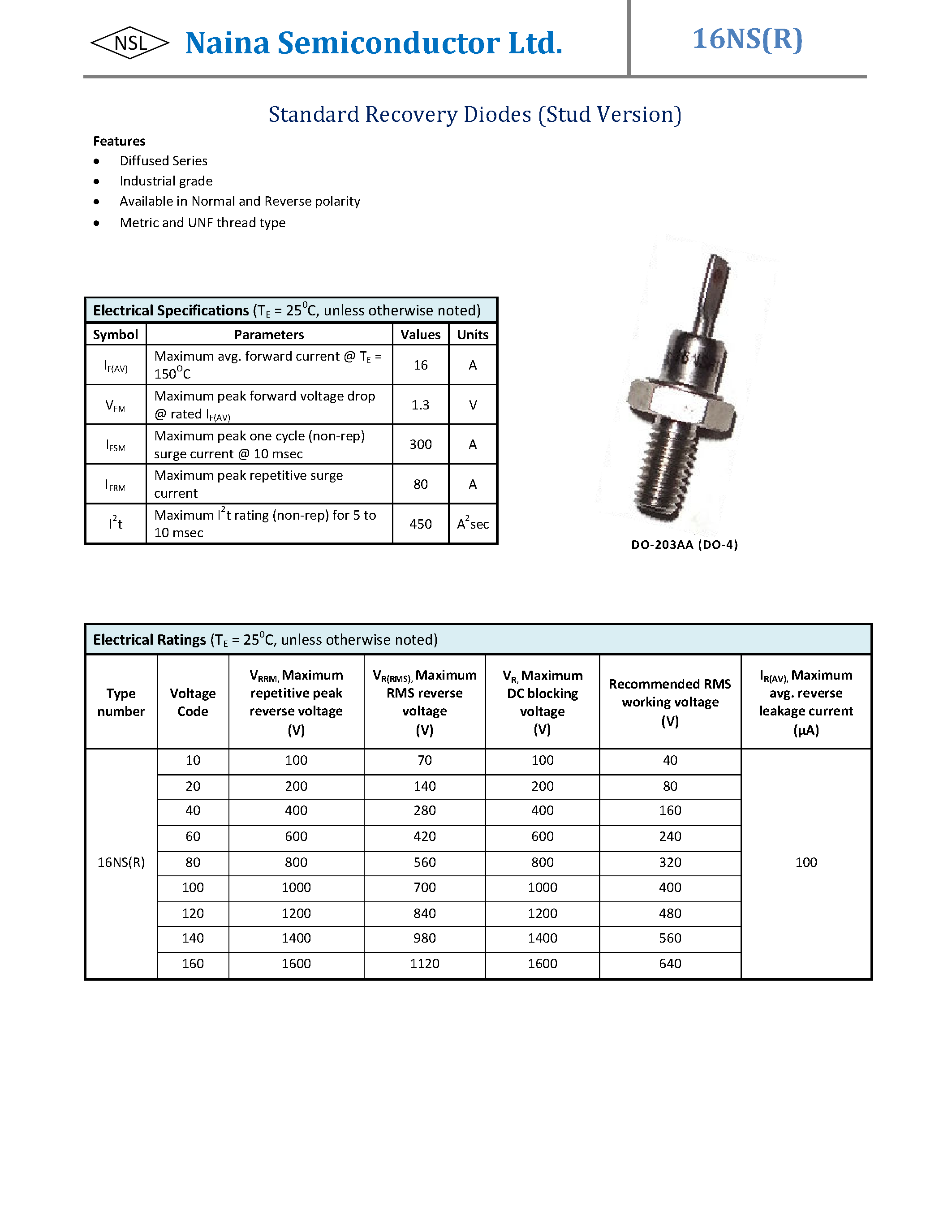 Даташит на микросхему 16NS страница 1 Даташит 16NS - Standard Recovery Diodes страница 1