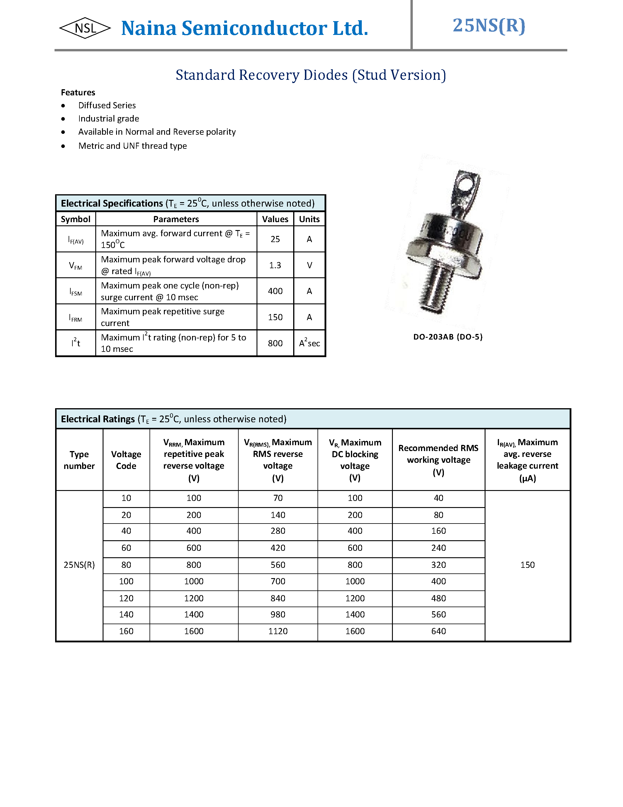 Даташит 25NS - Standard Recovery Diodes страница 1