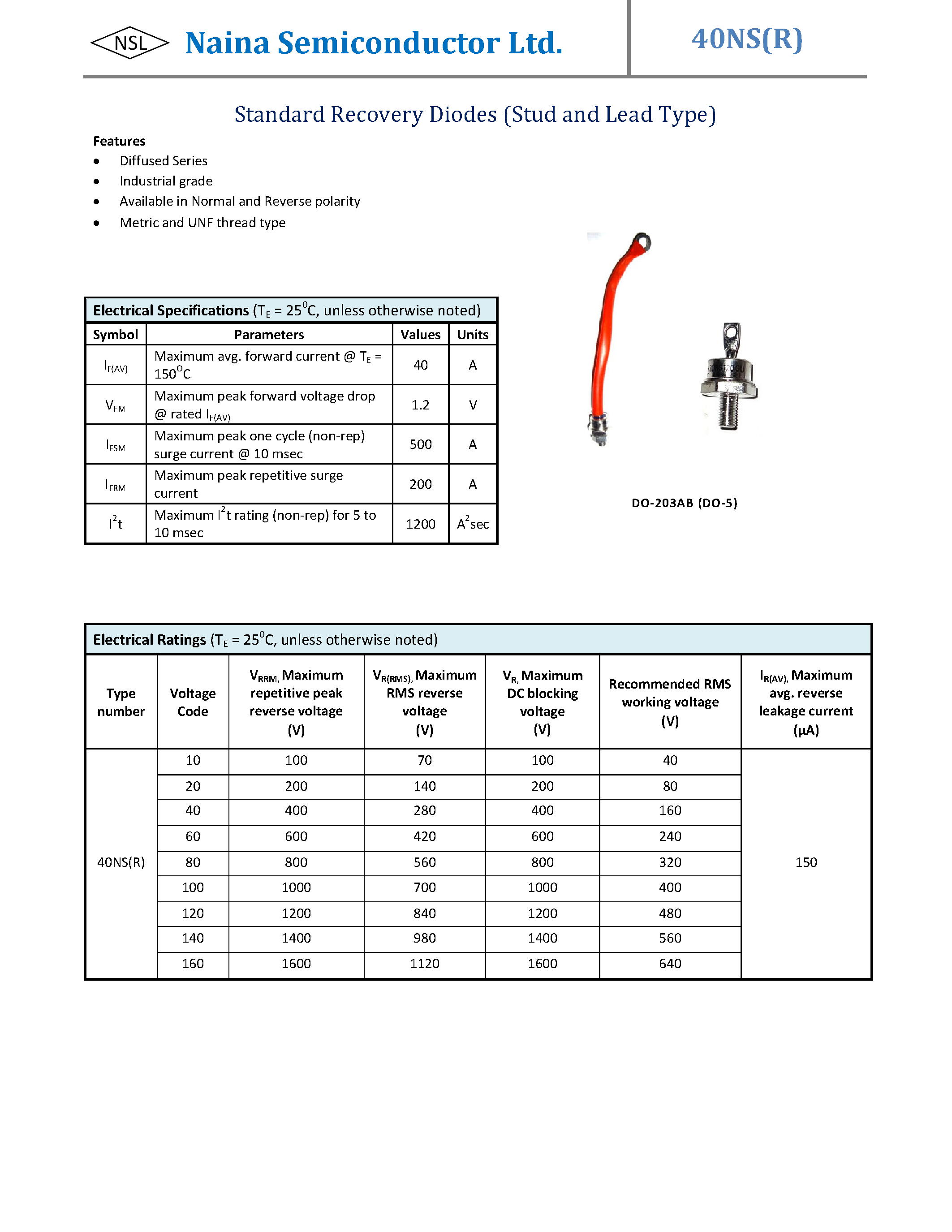 Даташит на микросхему 40NS страница 1 Даташит 40NS - Standard Recovery Diodes страница 1