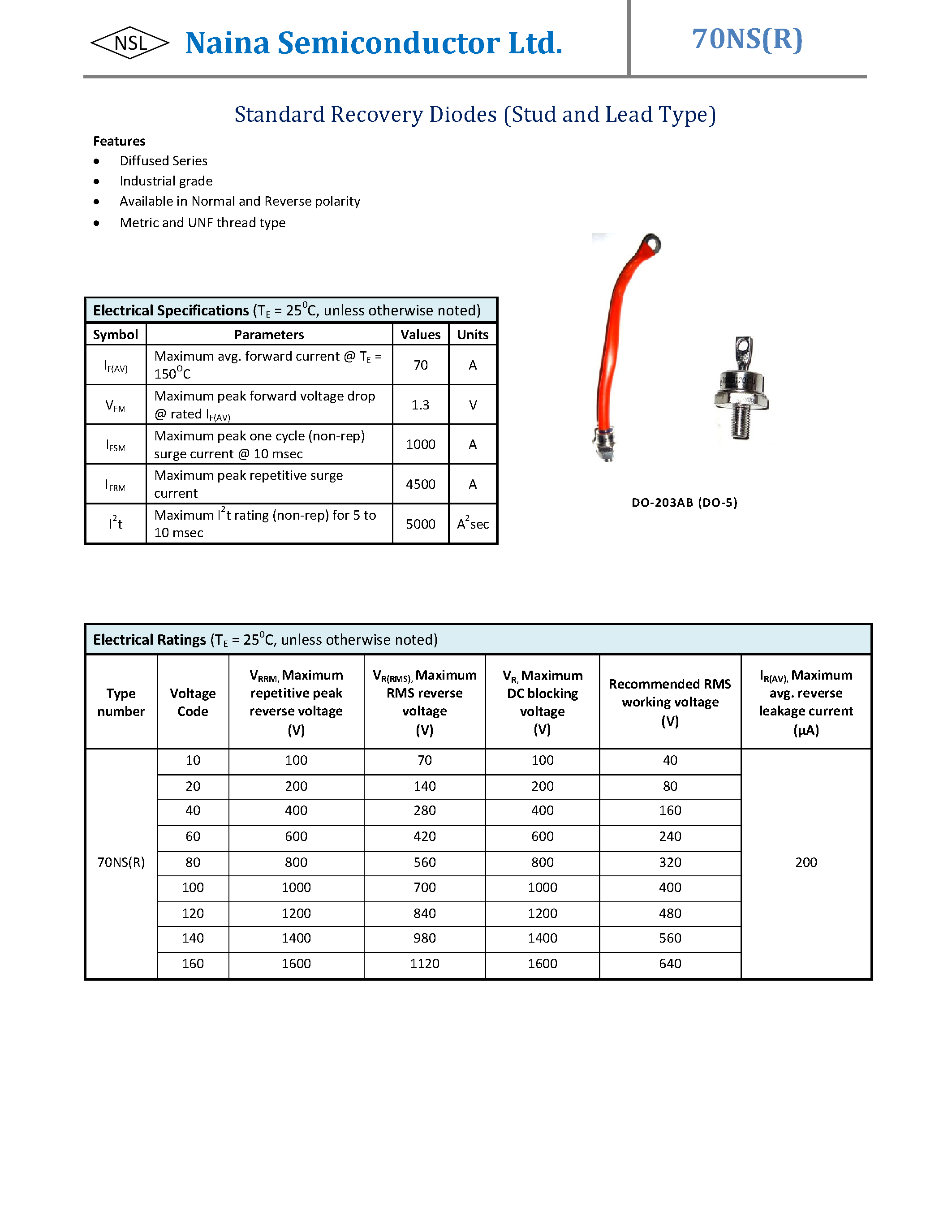 Даташит 70NS - Standard Recovery Diodes страница 1